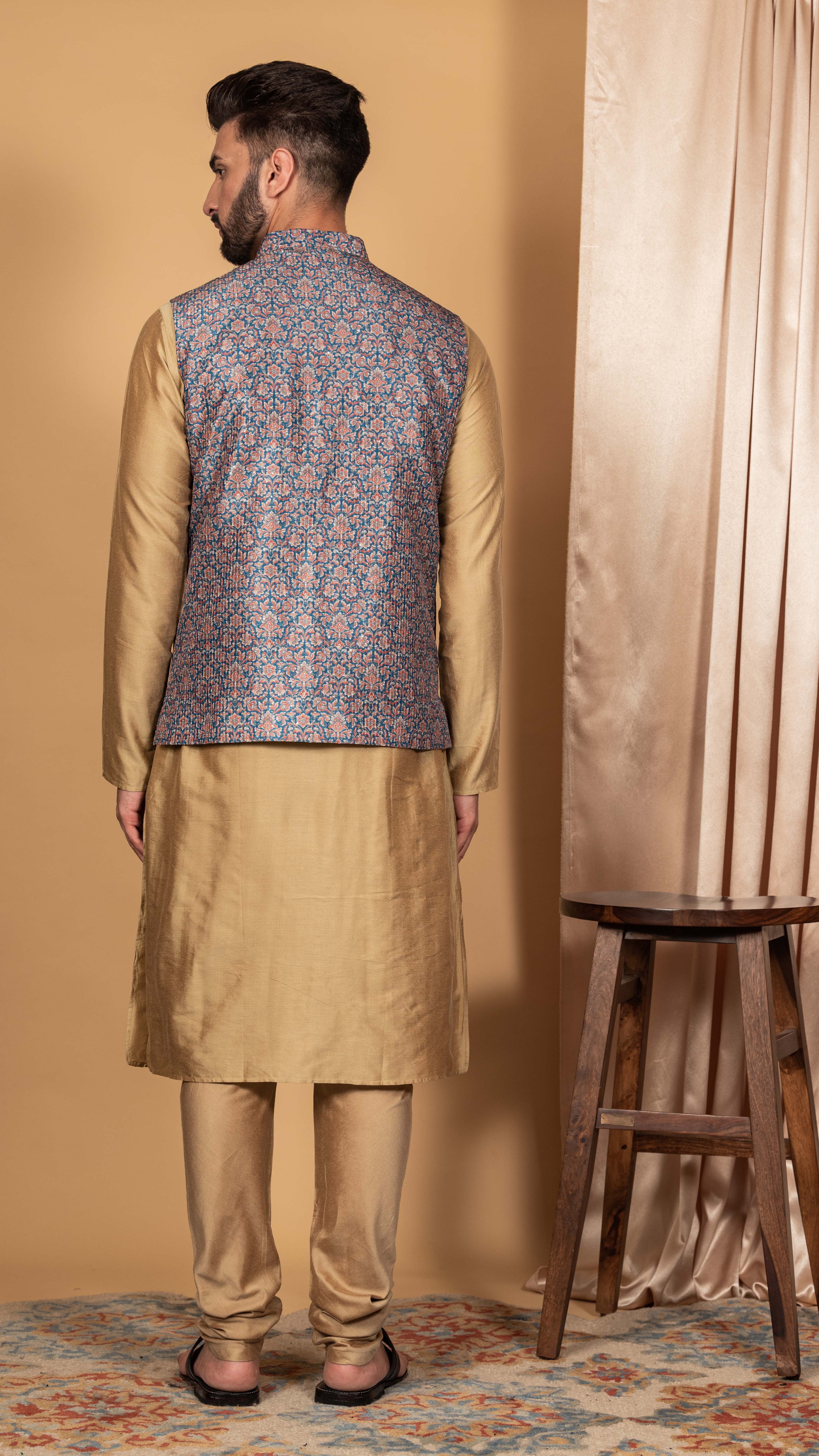 Men Blue Kurta Jacket Set - Image 5