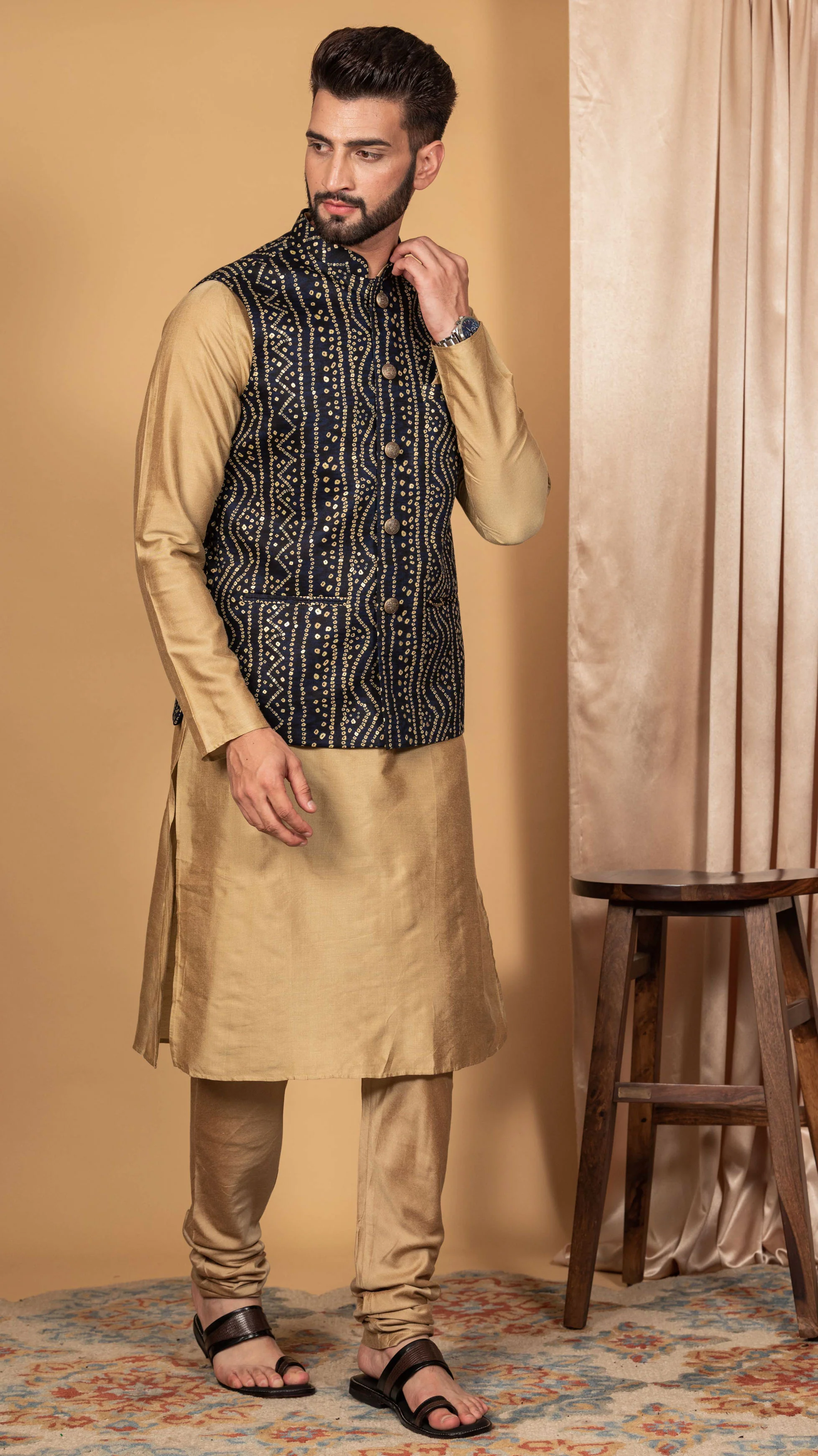 Men Navy Blue Kurta Jacket Set - Image 4