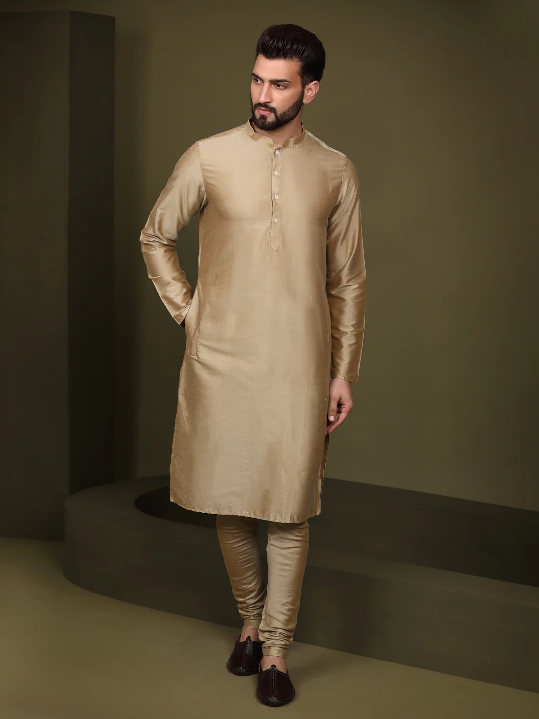 Men Cream Kurta Jacket Set - Image 5