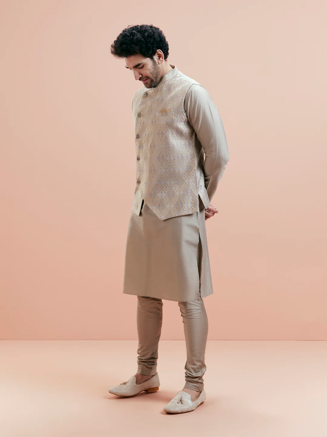 Grey Silk Blend Geometric Nehru Jacket Kurta Churidar Set - Image 2