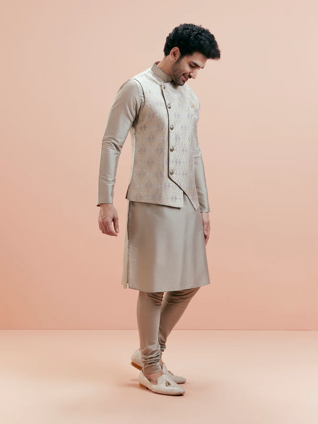 Grey Silk Blend Geometric Nehru Jacket Kurta Churidar Set - Image 3
