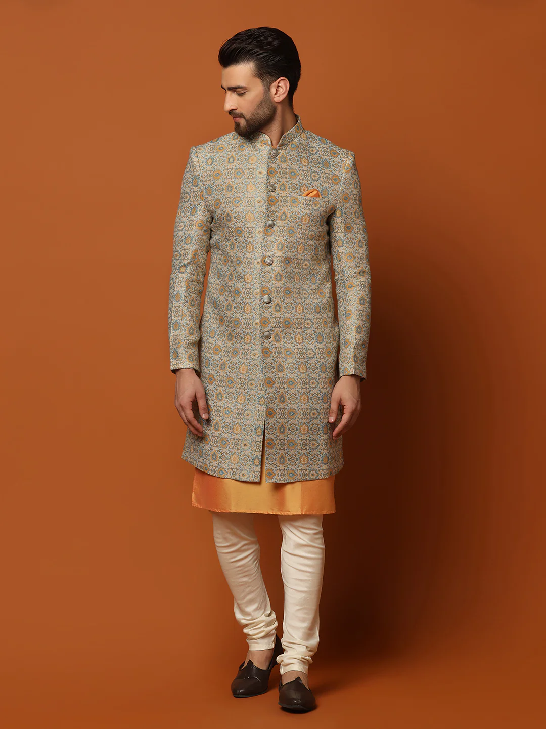 Grey Cotton Silk Printed Sherwani Kurta Churidar Set