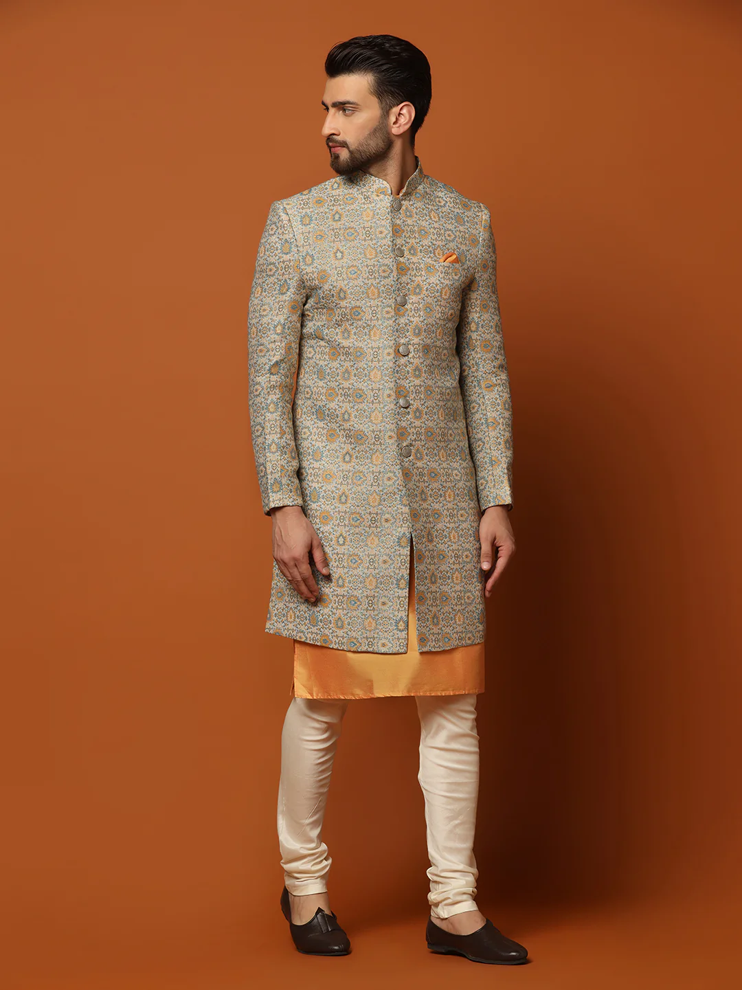 Grey Cotton Silk Printed Sherwani Kurta Churidar Set - Image 2