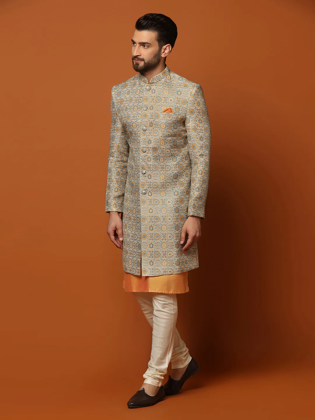 Grey Cotton Silk Printed Sherwani Kurta Churidar Set - Image 3