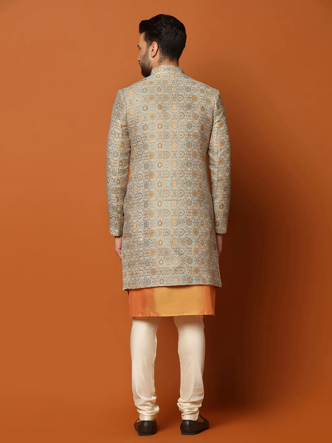 Grey Cotton Silk Printed Sherwani Kurta Churidar Set - Image 4