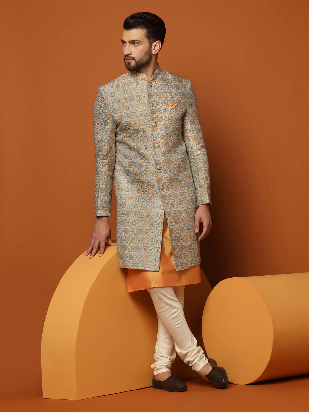 Grey Cotton Silk Printed Sherwani Kurta Churidar Set - Image 8