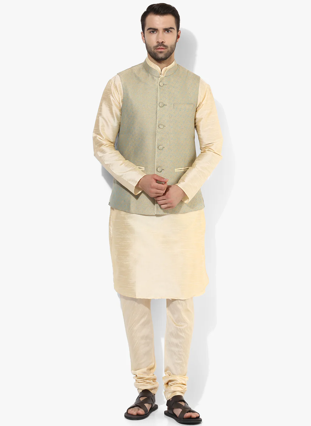 Kisah Plus Men's Green Kurta Churidar Waistcoat Set - Image 7