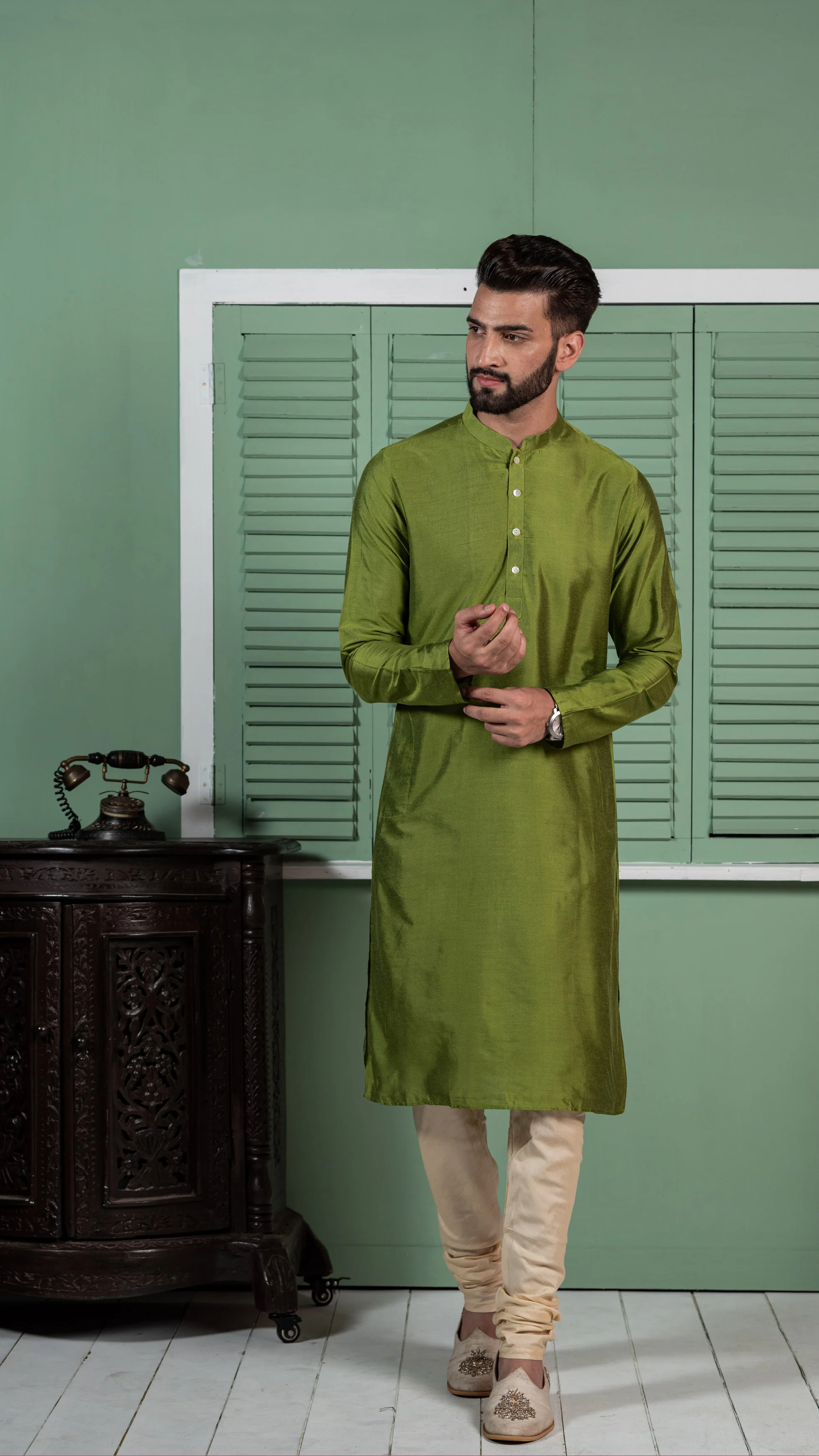 Men Lime Green Kurta Jacket Set - Image 4