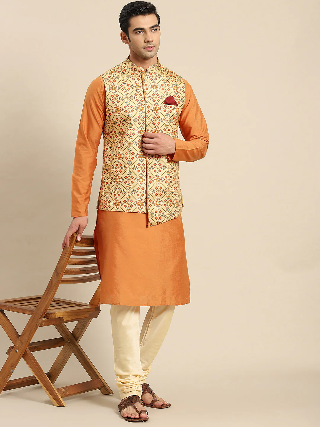 Men Yellow Kurta Jacket Set - Image 2