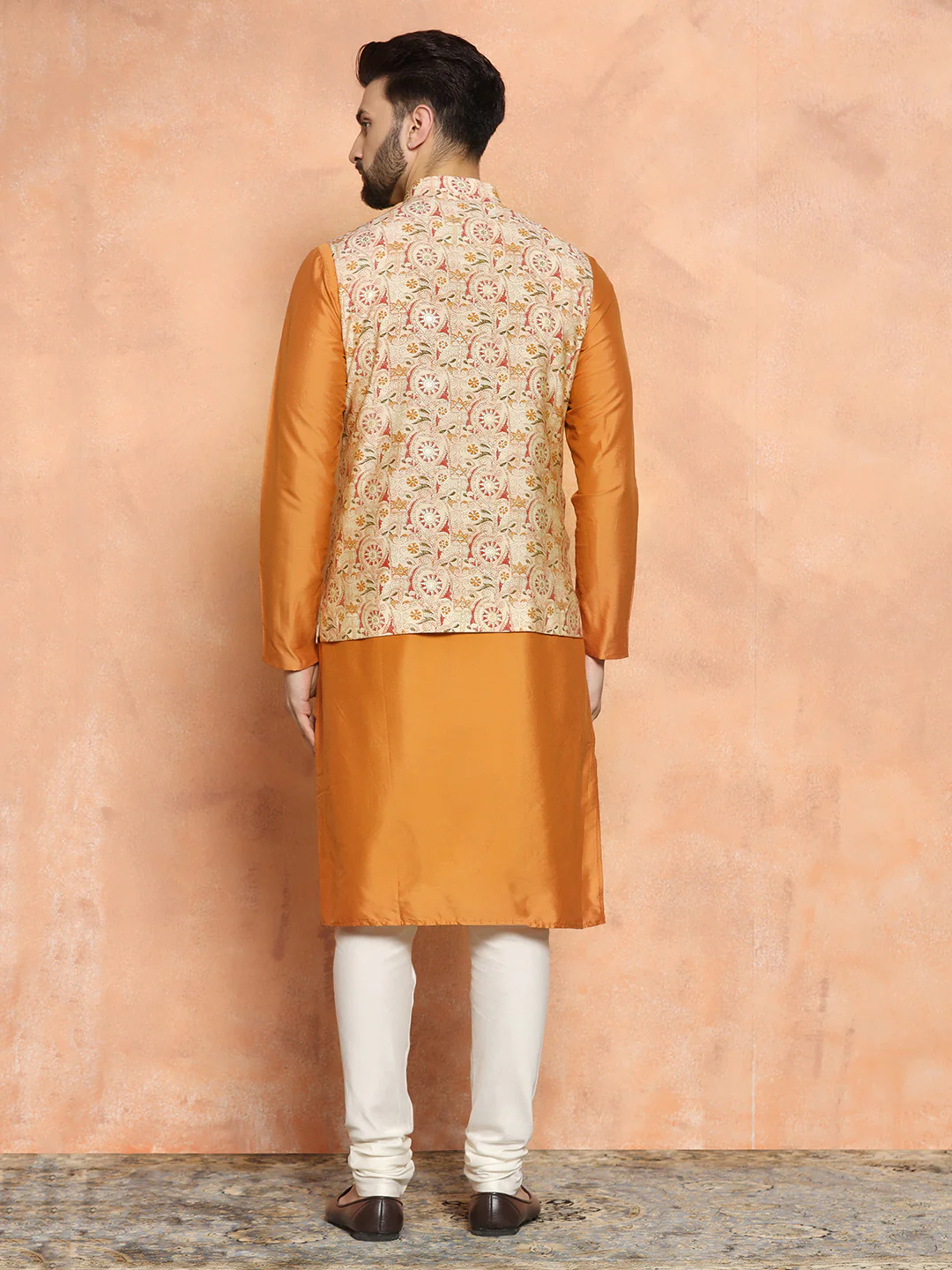 Orange Cotton Blend Printed Jacket Kurta Churidar - Image 3