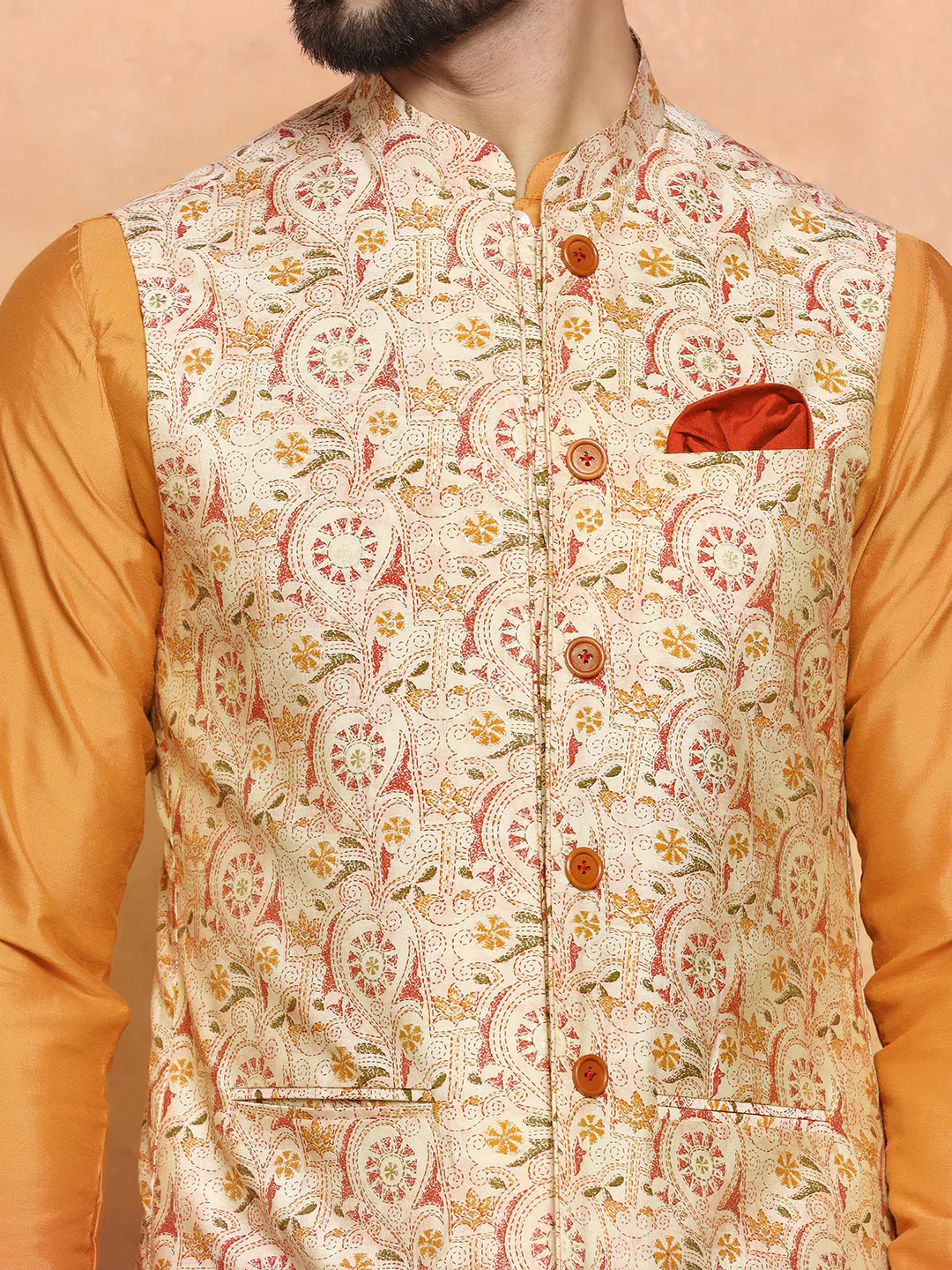 Orange Cotton Blend Printed Jacket Kurta Churidar - Image 4