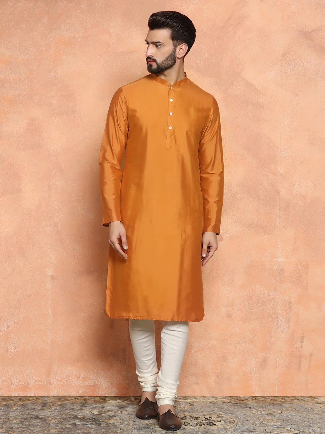 Orange Cotton Blend Printed Jacket Kurta Churidar - Image 5