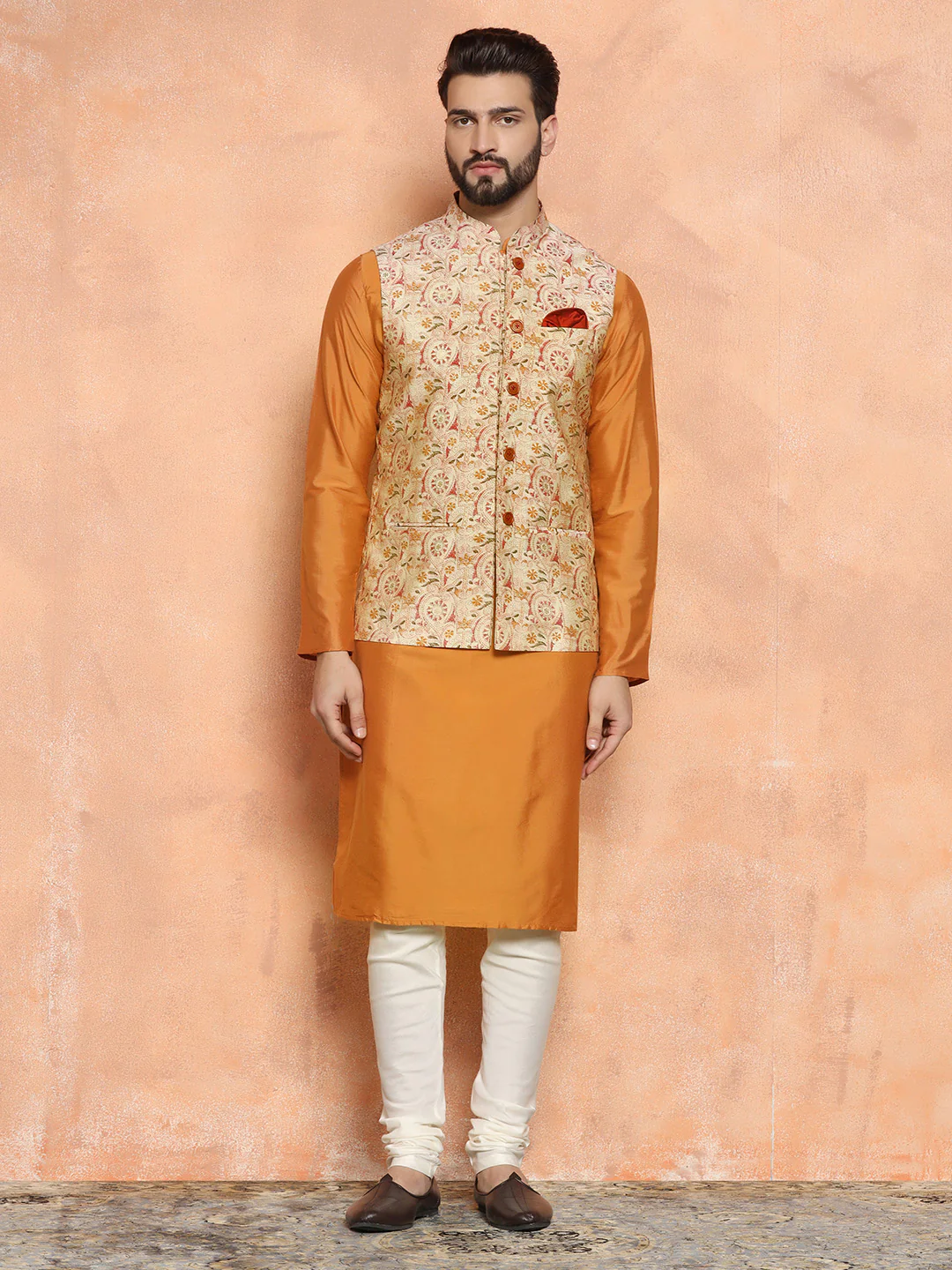 Orange Cotton Blend Printed Jacket Kurta Churidar - Image 7