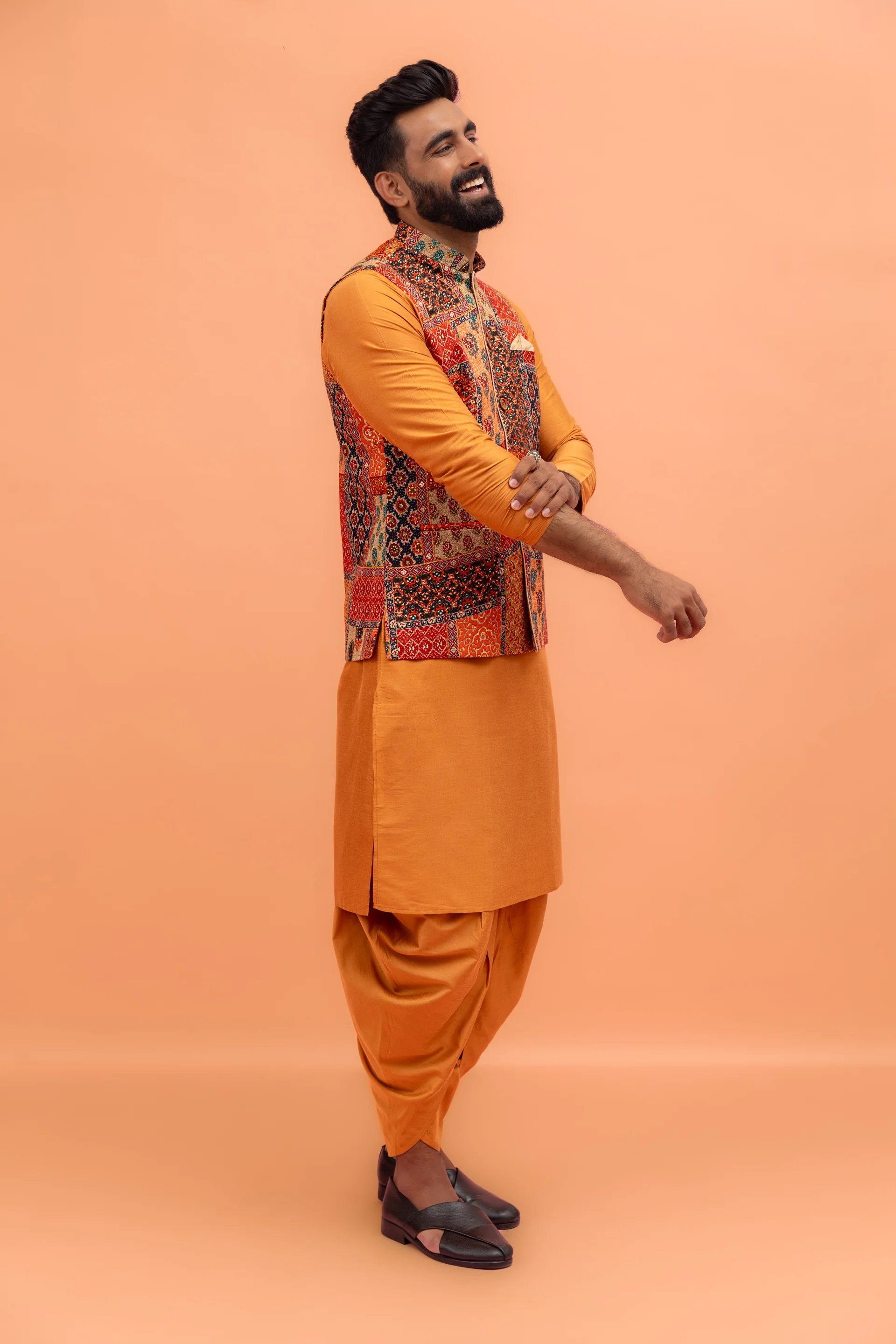 Multi-Coloured Printed Nehru Jacket Kurta Dhoti - Image 3
