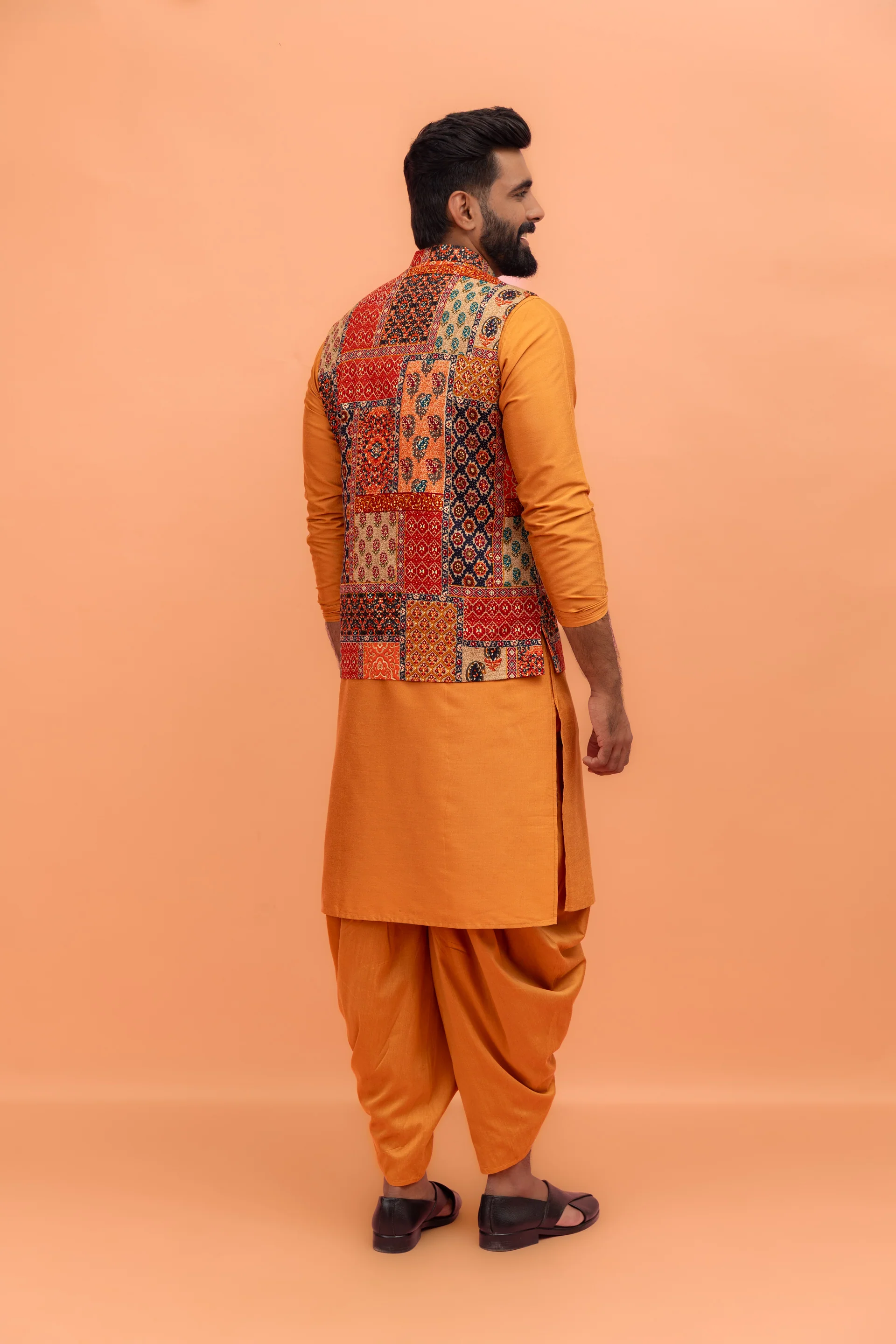 Multi-Coloured Printed Nehru Jacket Kurta Dhoti - Image 4