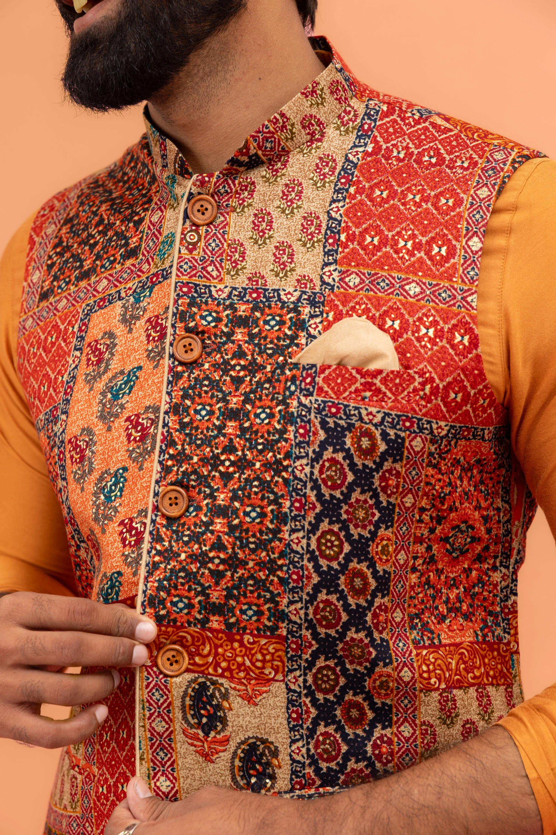 Multi-Coloured Printed Nehru Jacket Kurta Dhoti - Image 6