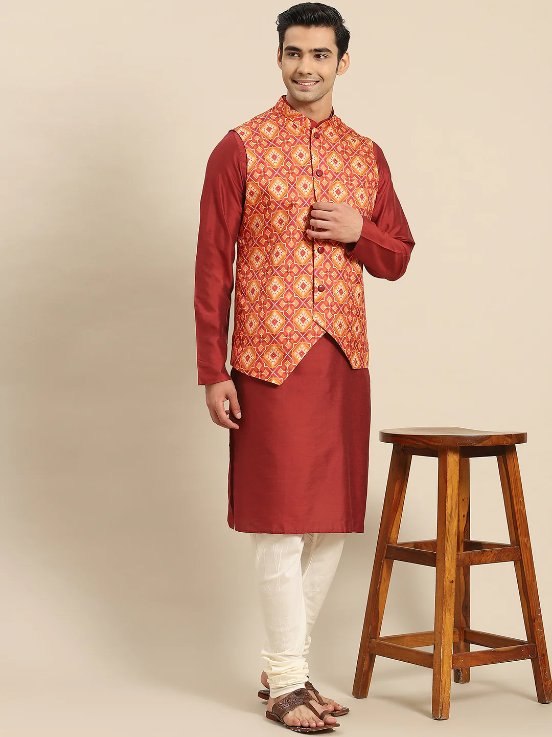 Men Red Kurta Jacket Set