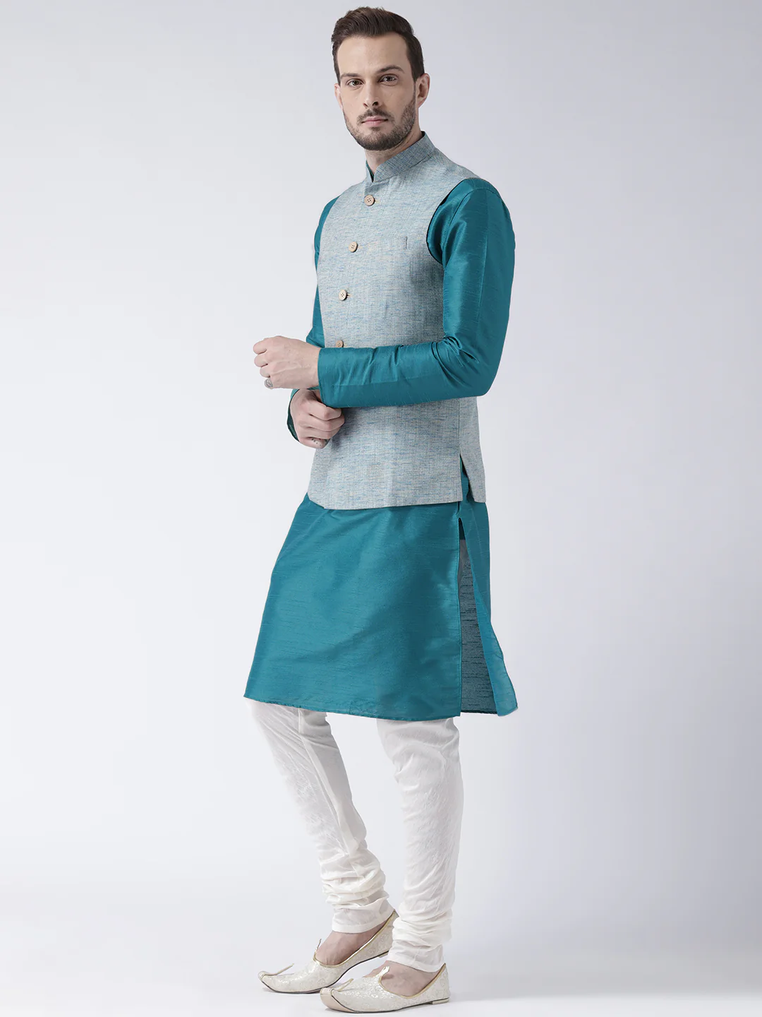 Men Blue Solid Kurta Jacket Churidar Set - Image 2