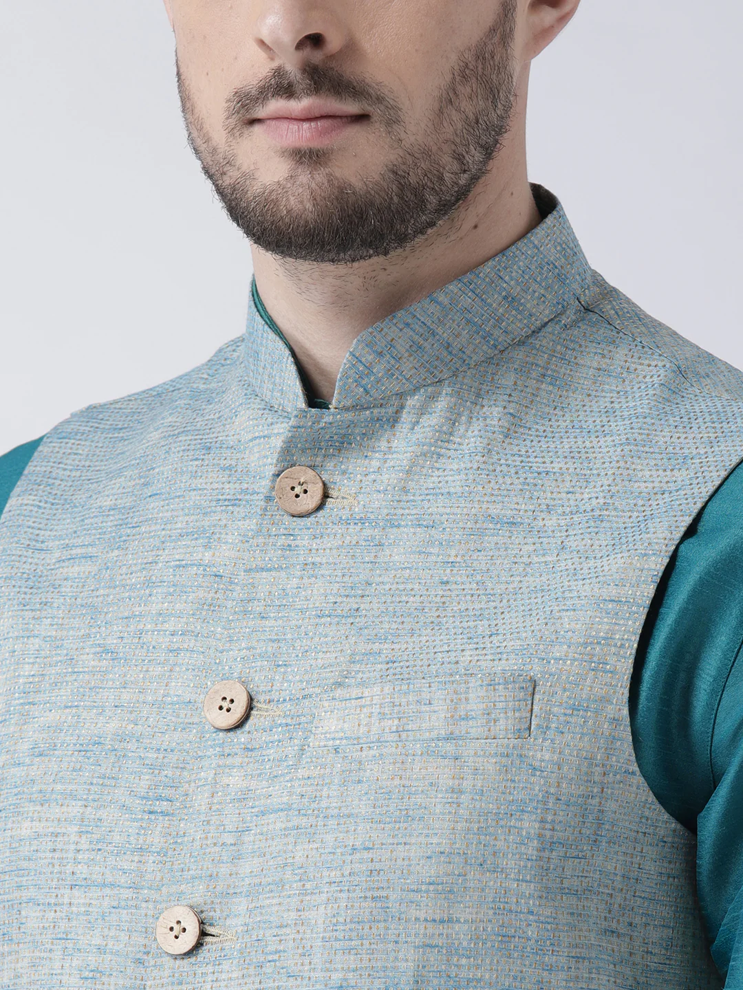 Men Blue Solid Kurta Jacket Churidar Set - Image 6