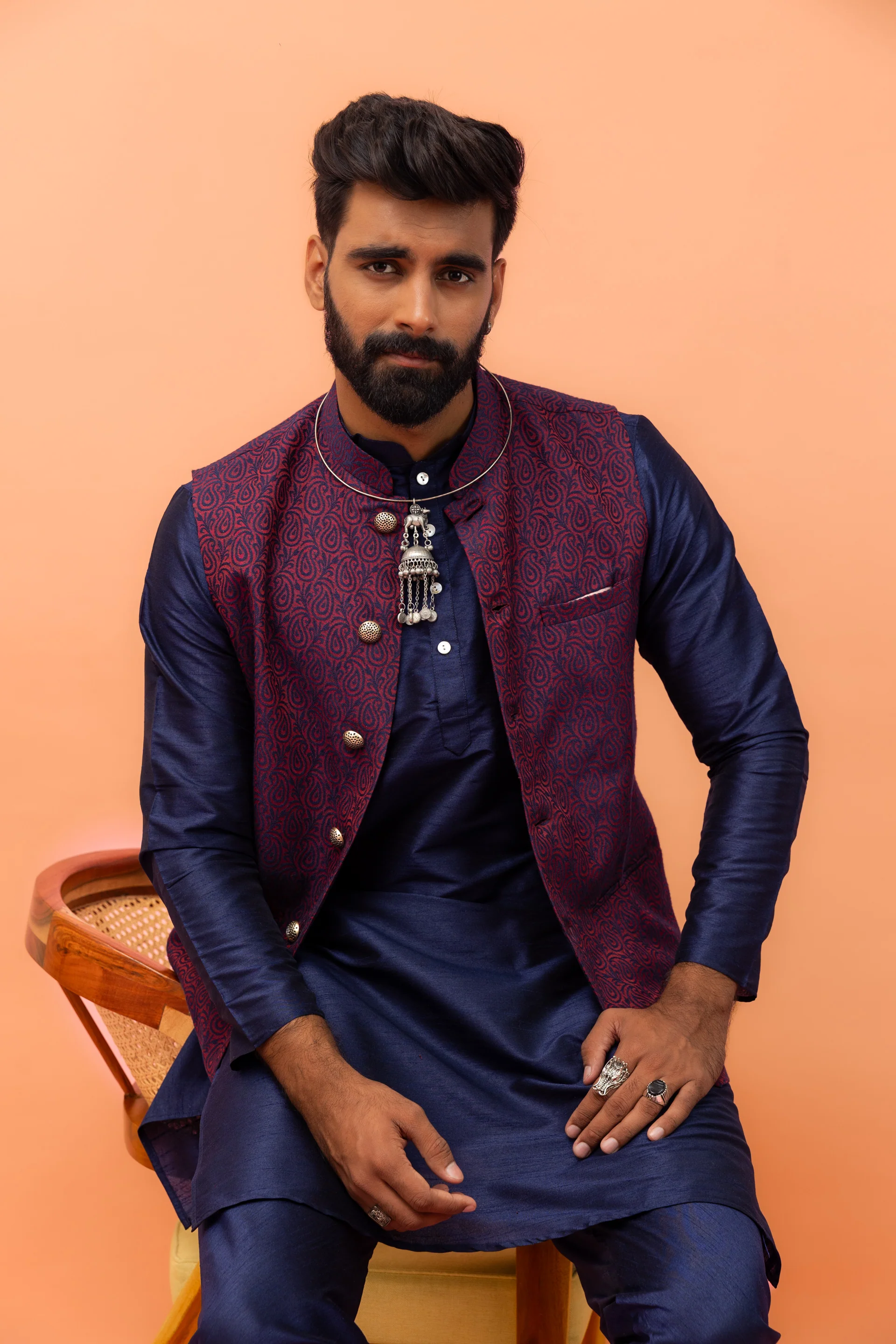 Maroon Navy Silk Blend Woven Jacket Kurta Churidar Set - Image 8
