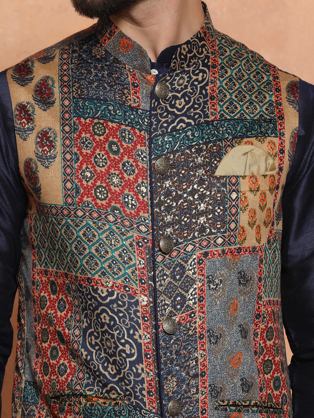 Multicolor Printed Nehru Jacket Kurta Churidar - Image 6