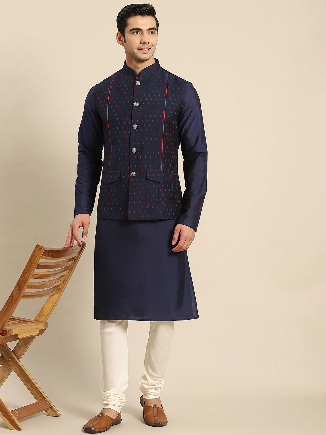 Kisah Men Navy Blue Kurta Jacket Set - Image 2