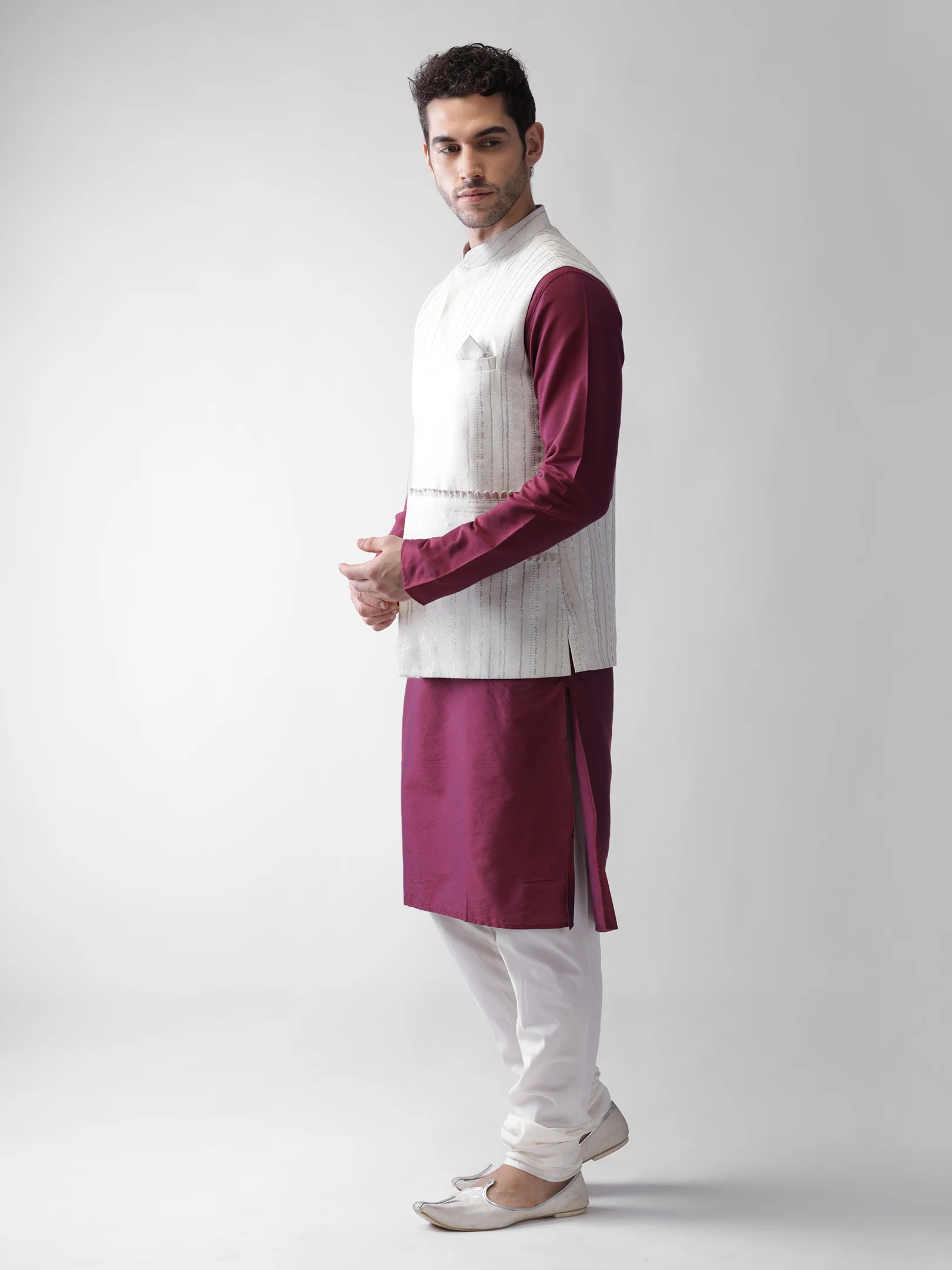 White Printed Silk Blend Nehru Jacket Kurta Churidar Set - Image 2
