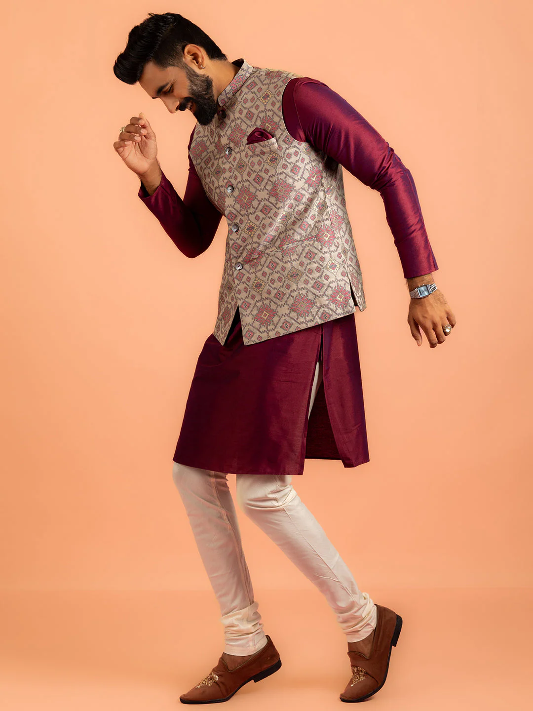Men Grey Printed Kurta Jacket Churidar Set - Image 10