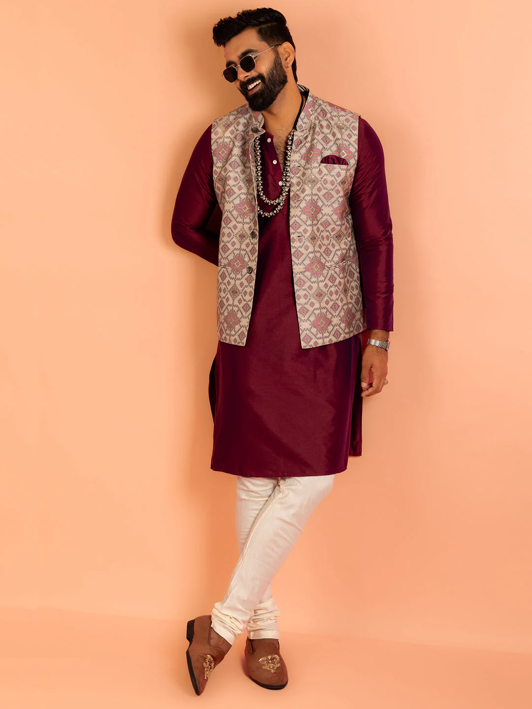 Men Grey Printed Kurta Jacket Churidar Set - Image 12