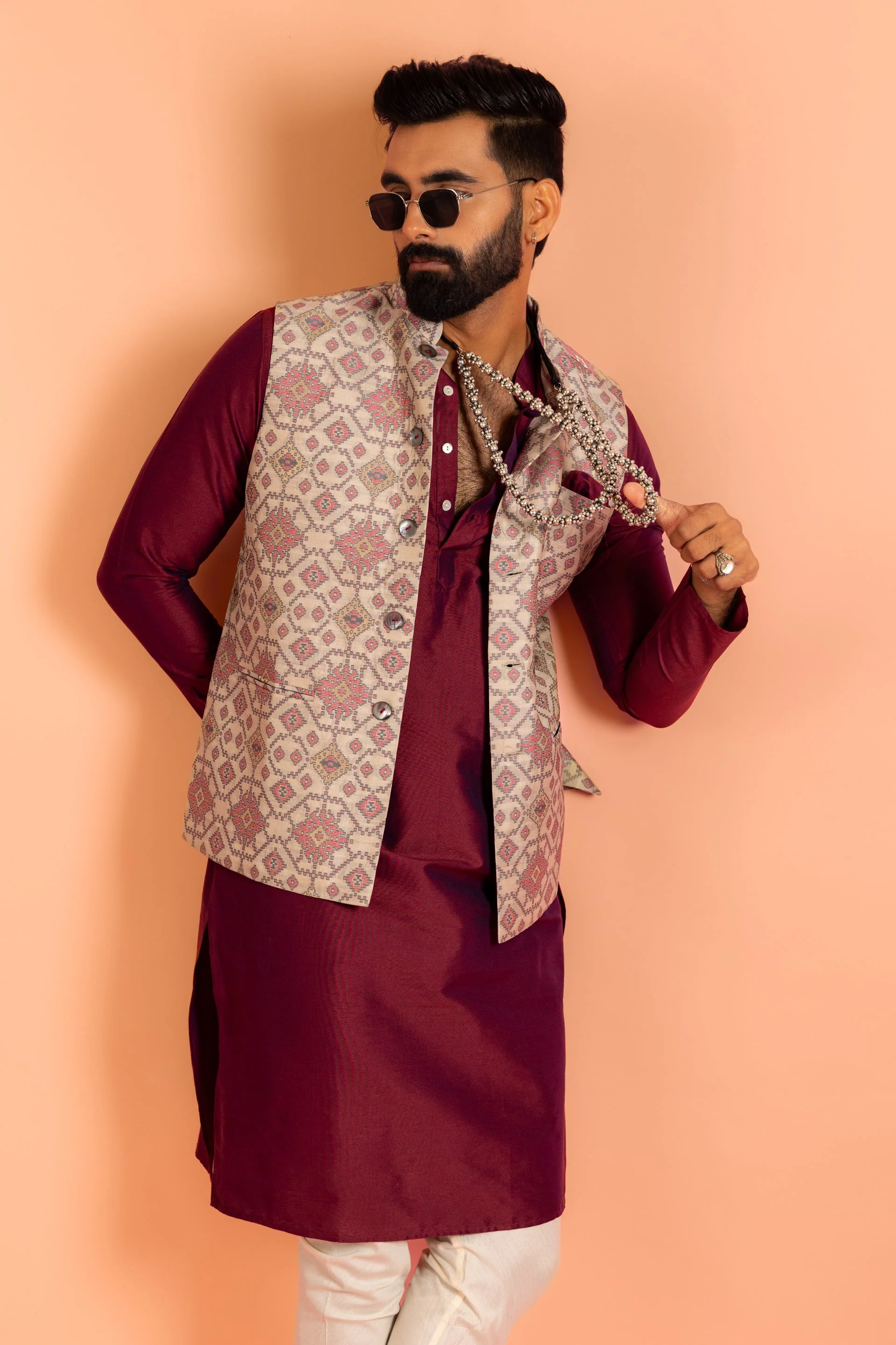 Men Grey Printed Kurta Jacket Churidar Set - Image 17