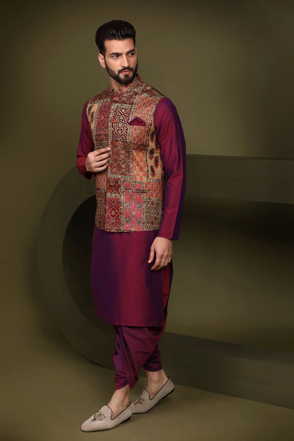 Maroon Silk Blend Embroidered Jacket Set with Dhoti - Image 3