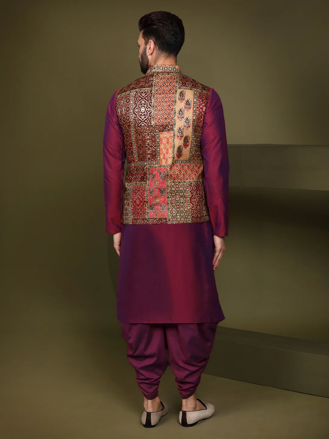 Maroon Silk Blend Embroidered Jacket Set with Dhoti - Image 4