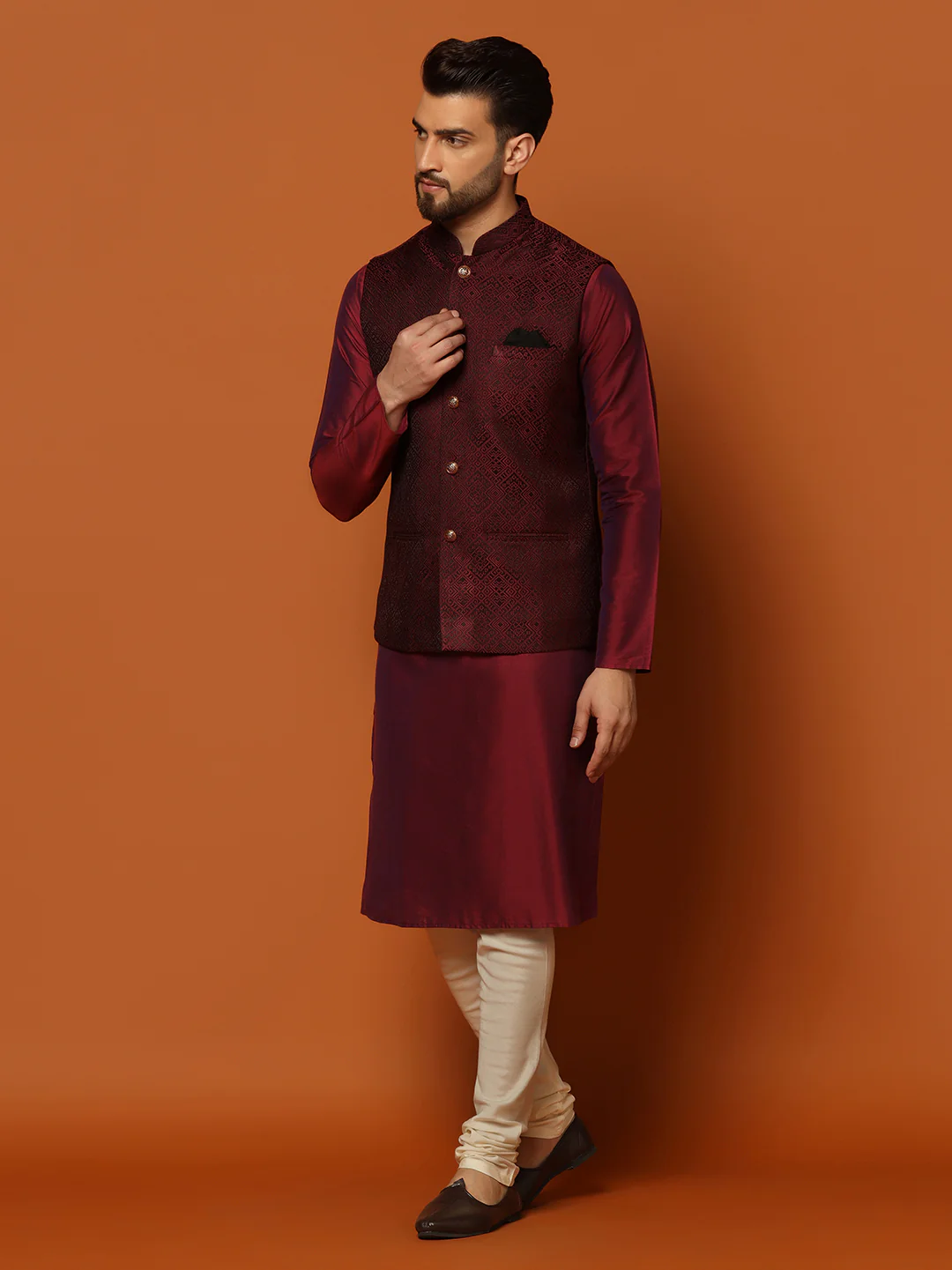 Maroon Cotton Woven Nehru Jacket Kurta Churidar - Image 3