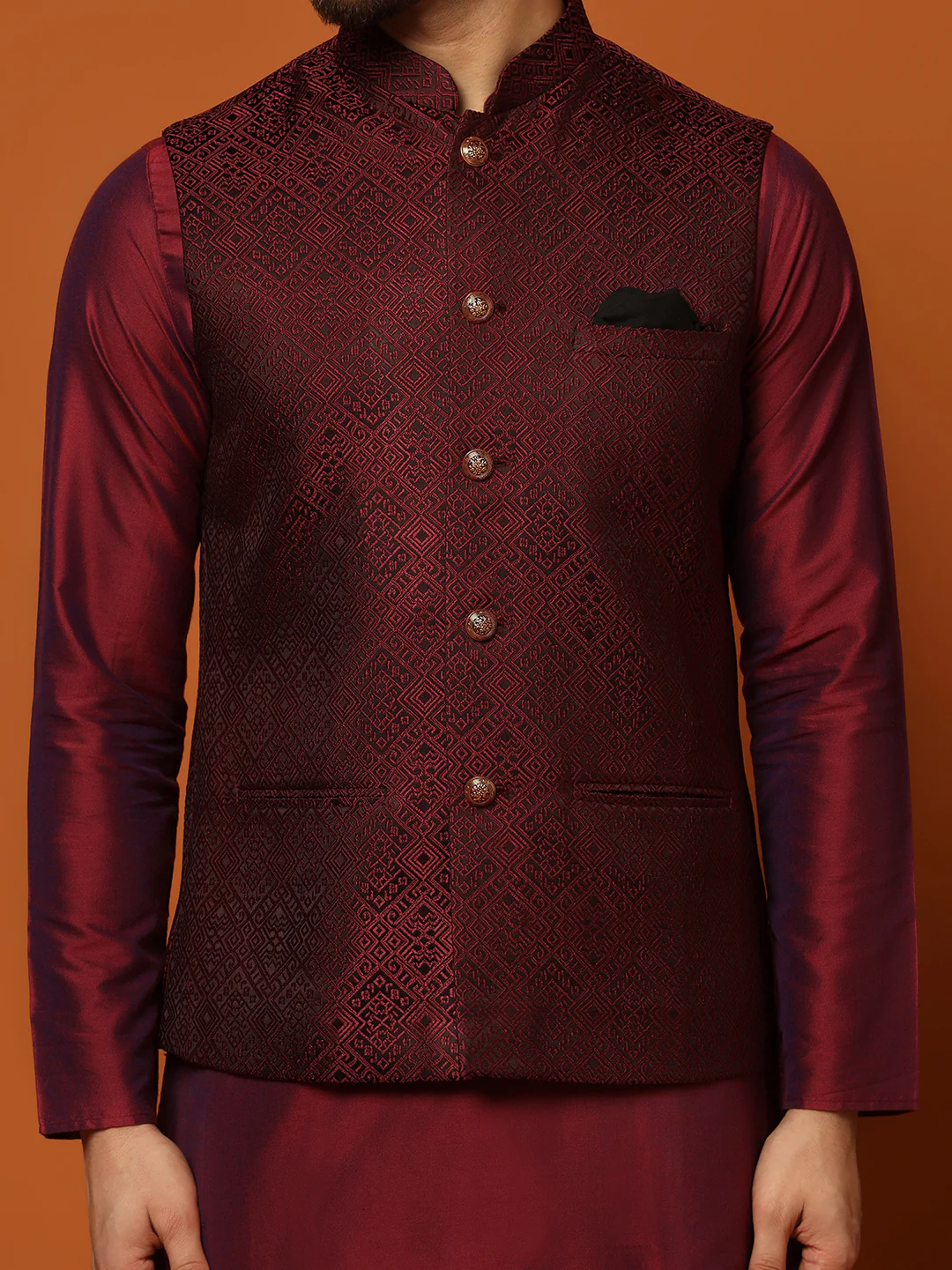 Maroon Cotton Woven Nehru Jacket Kurta Churidar - Image 6