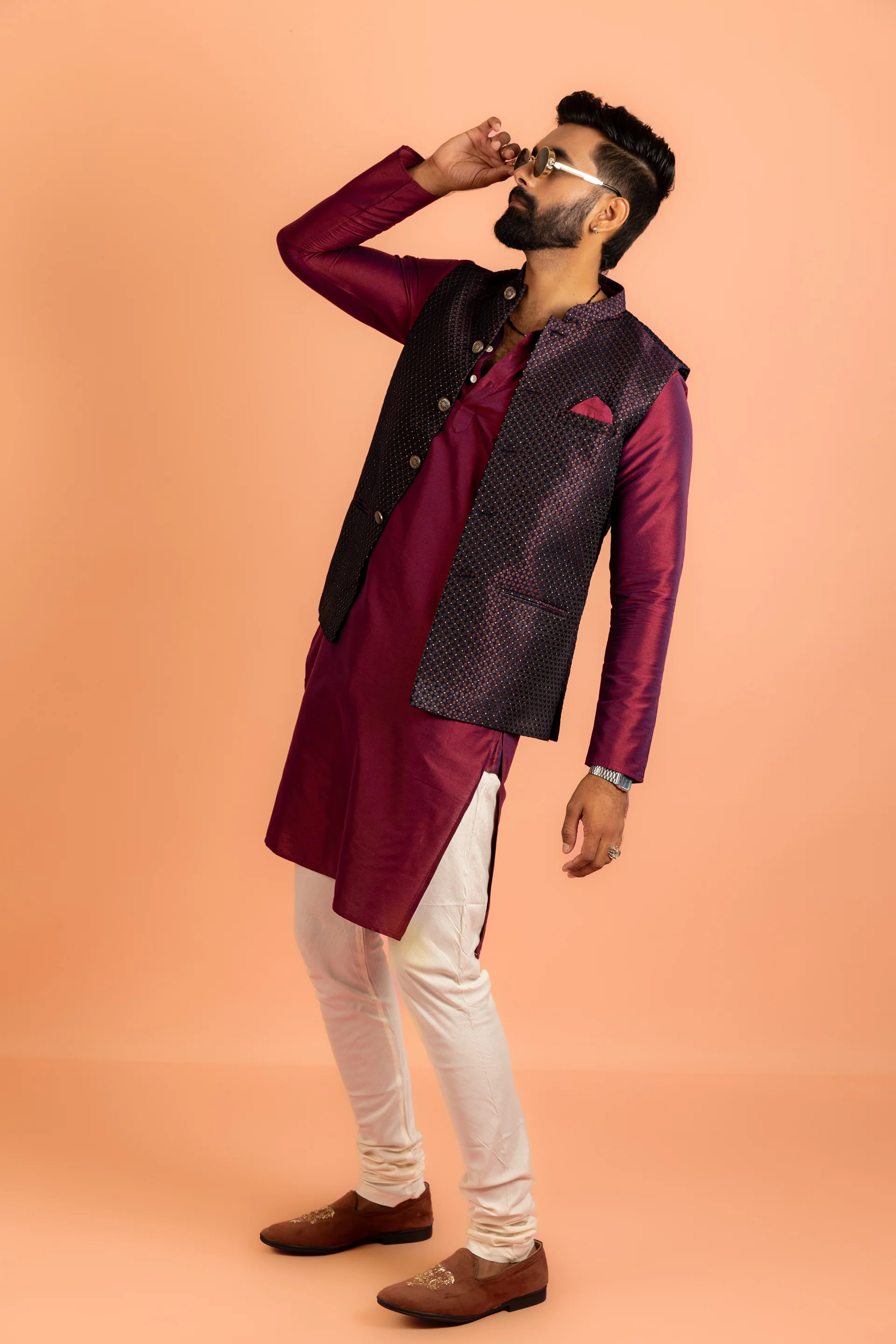 Maroon Silk Blend Jacket Kurta Churidar Set - Image 2