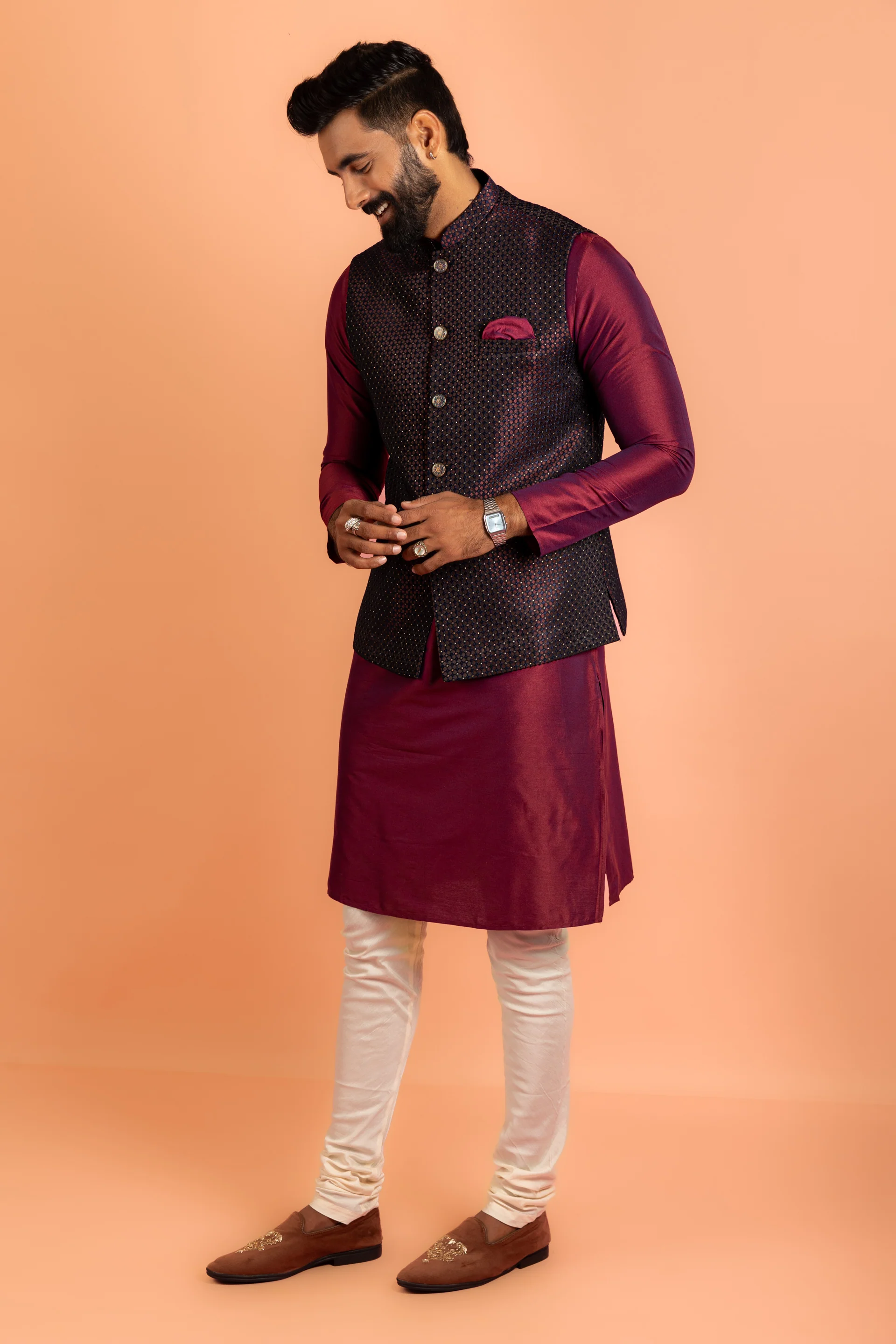 Maroon Silk Blend Jacket Kurta Churidar Set - Image 7