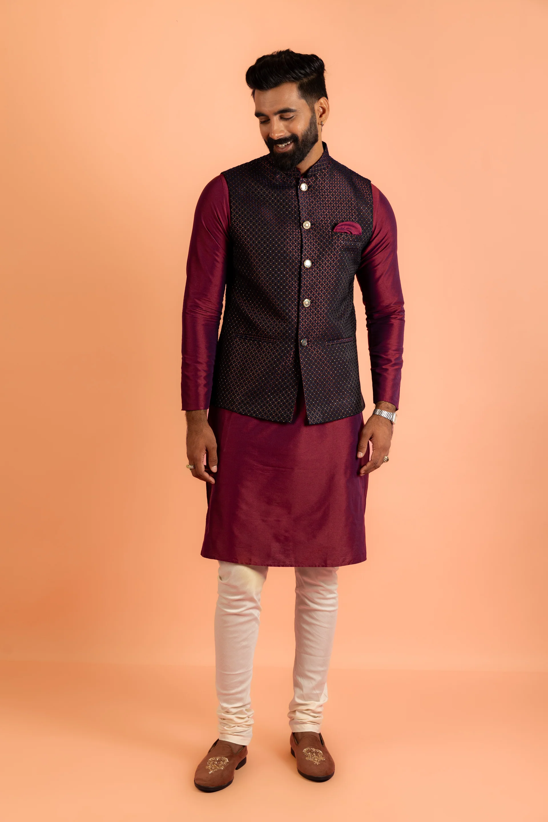 Maroon Silk Blend Jacket Kurta Churidar Set - Image 8