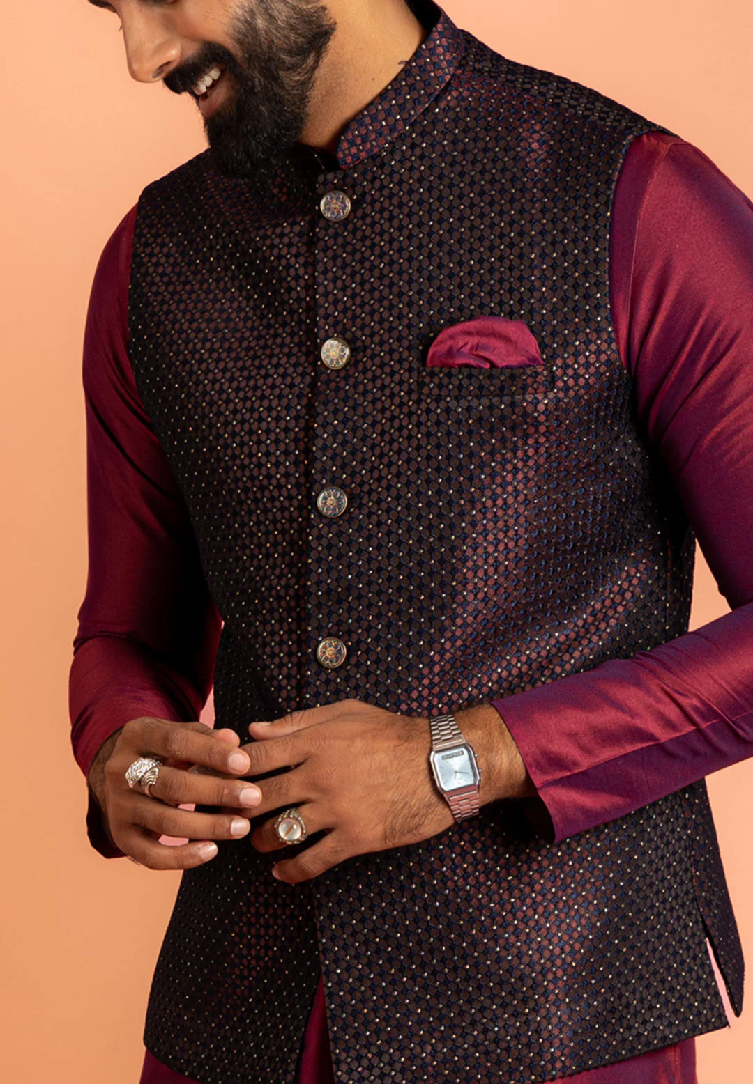 Maroon Silk Blend Jacket Kurta Churidar Set - Image 9