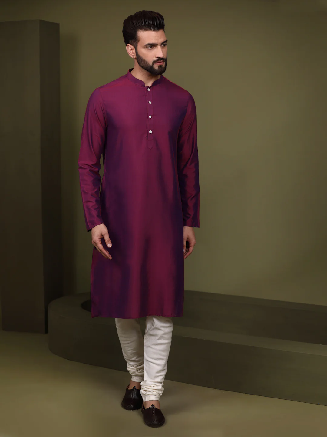 Ivory Silk Blend Kurta Indo-Western Sherwani Set with Floral Jacquard Design for Wedding & Reception Outfit - Image 5