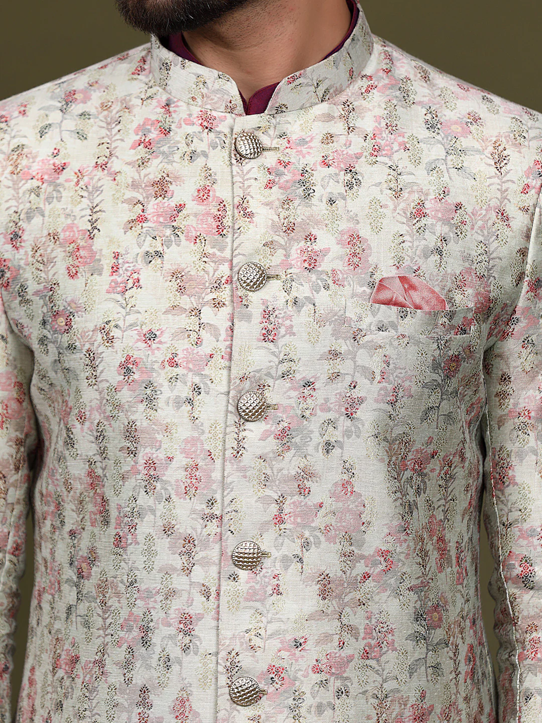 Ivory Silk Blend Kurta Indo-Western Sherwani Set with Floral Jacquard Design for Wedding & Reception Outfit - Image 6
