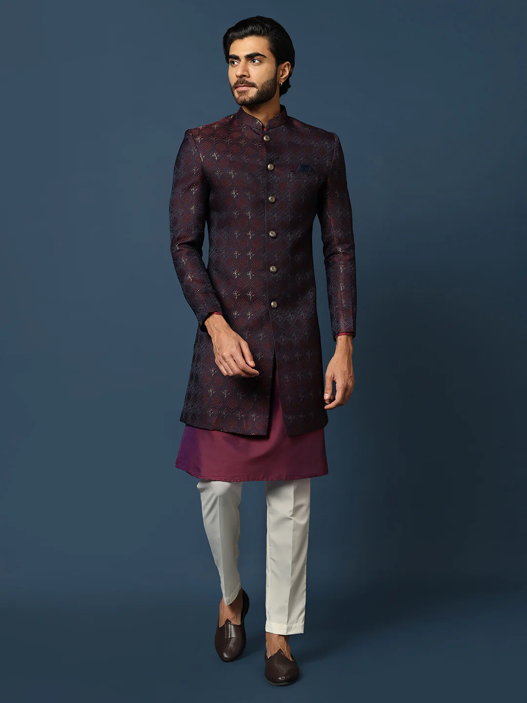 Men Purple Textured Kurta Indowestern Trouser Set