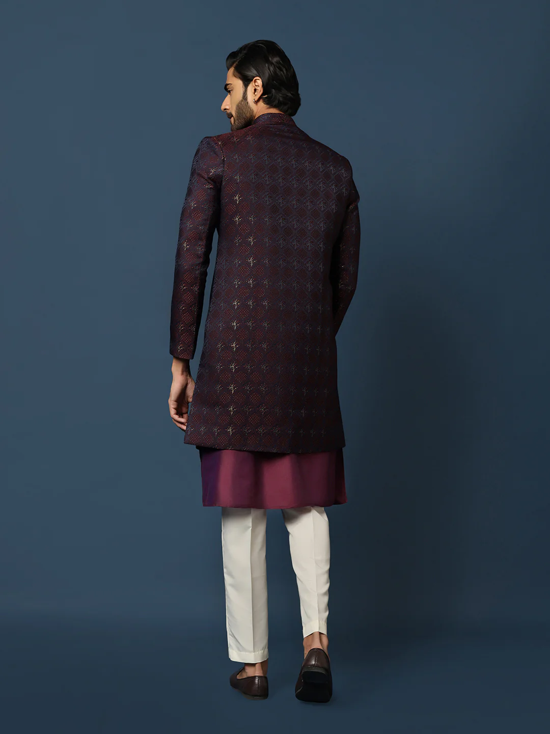 Men Purple Textured Kurta Indowestern Trouser Set - Image 4