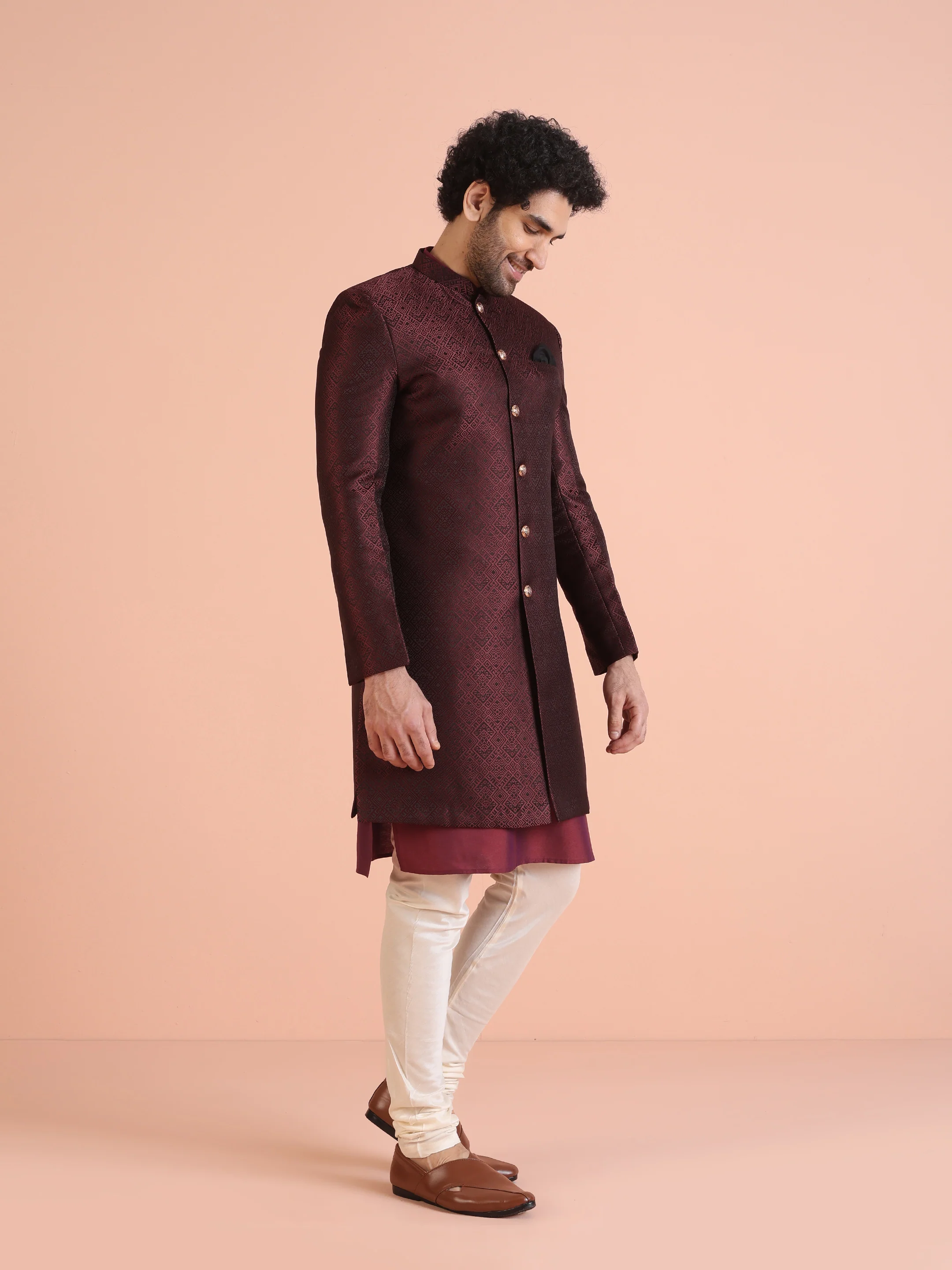 Maroon Silk Blend Indo-Western Sherwani Set with Jacquard Jacket and Cream Churidar â€“ Wedding & Reception Ensemble - Image 2