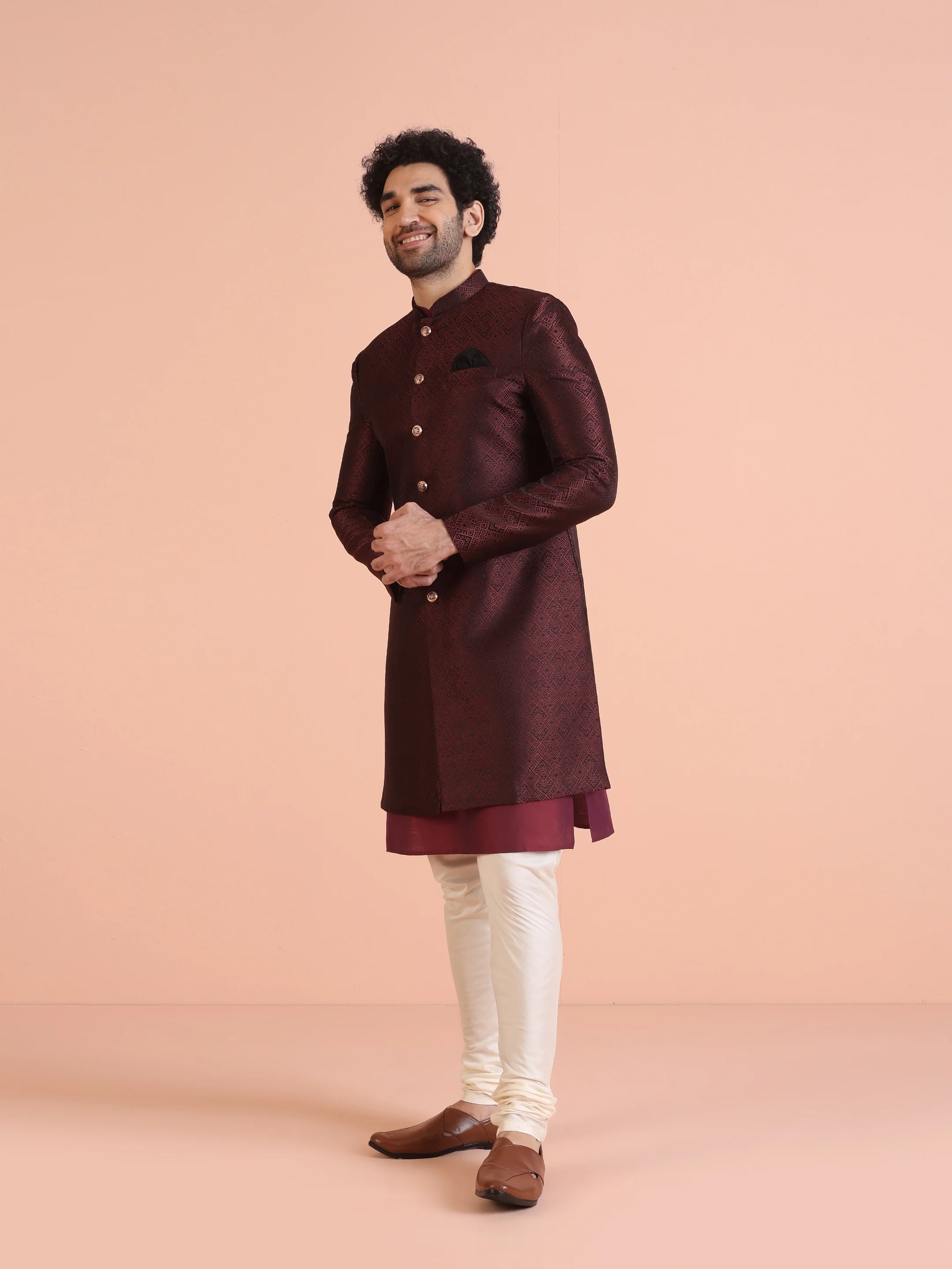 Maroon Silk Blend Indo-Western Sherwani Set with Jacquard Jacket and Cream Churidar â€“ Wedding & Reception Ensemble - Image 3