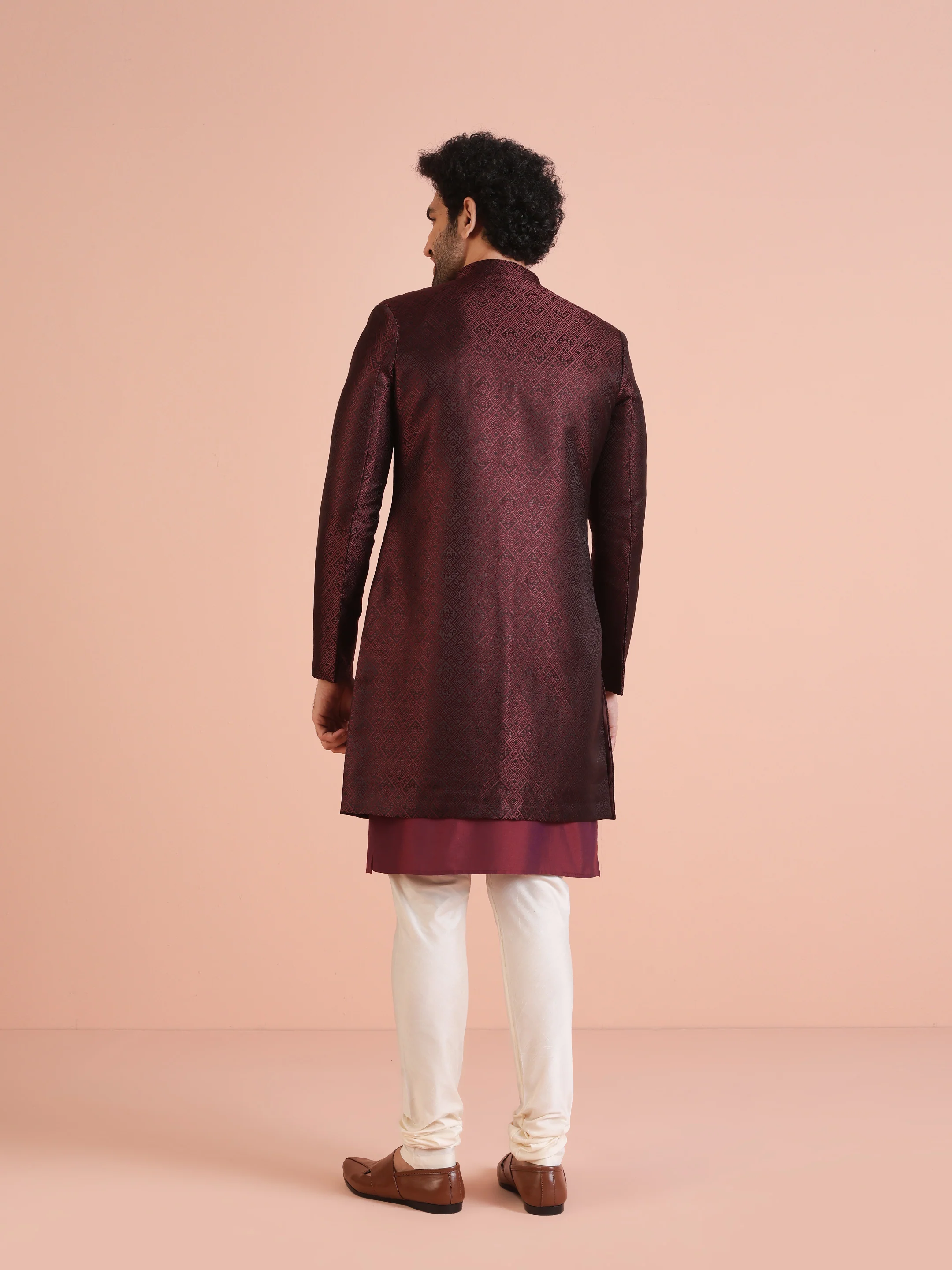 Maroon Silk Blend Indo-Western Sherwani Set with Jacquard Jacket and Cream Churidar â€“ Wedding & Reception Ensemble - Image 4