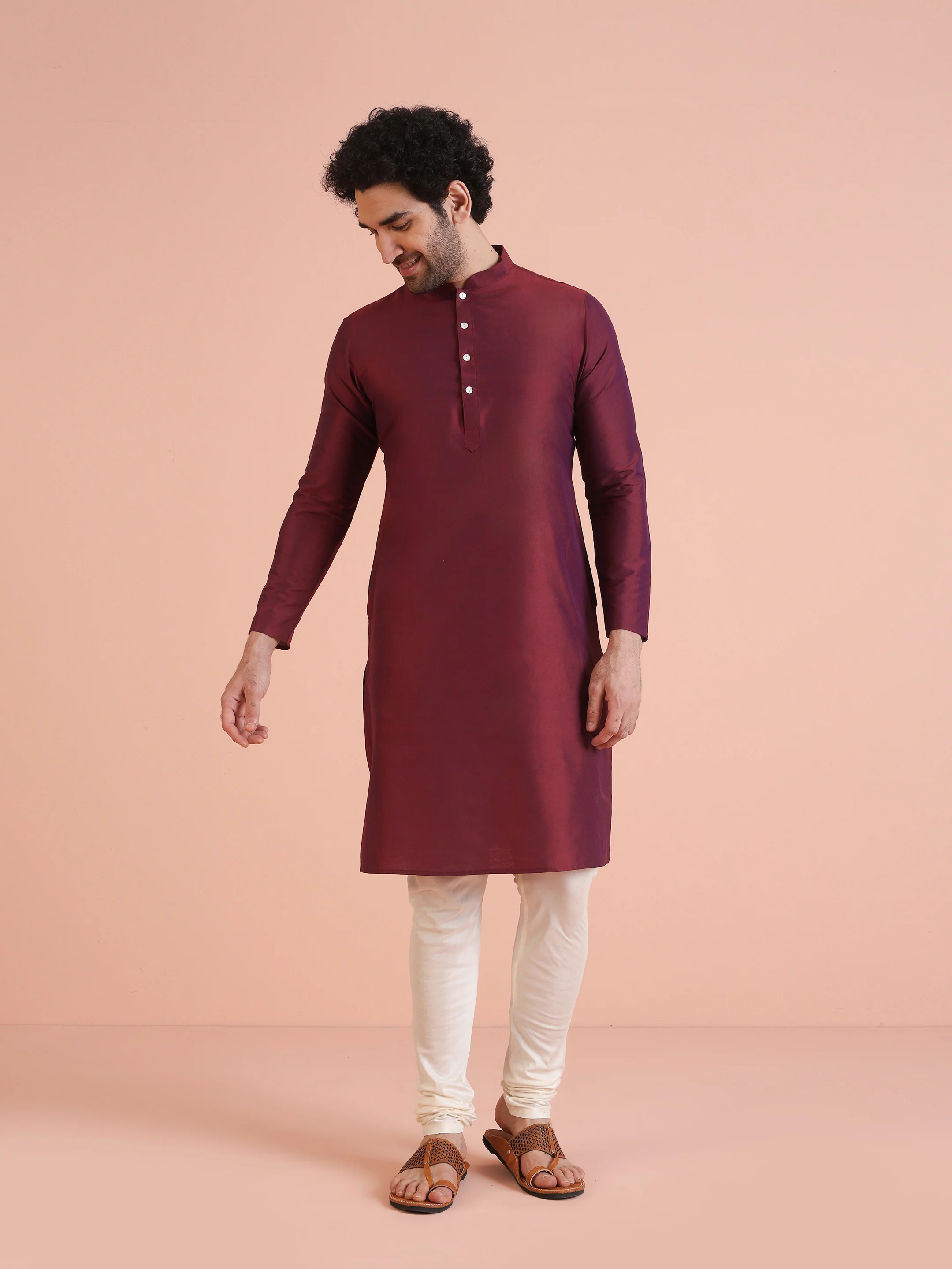 Maroon Silk Blend Indo-Western Sherwani Set with Jacquard Jacket and Cream Churidar â€“ Wedding & Reception Ensemble - Image 5