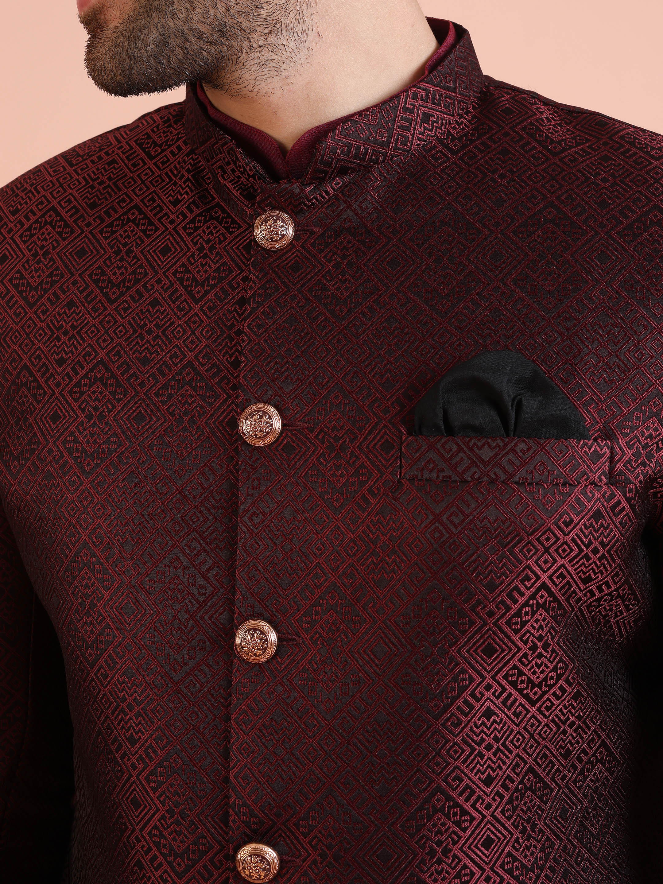 Maroon Silk Blend Indo-Western Sherwani Set with Jacquard Jacket and Cream Churidar â€“ Wedding & Reception Ensemble - Image 6