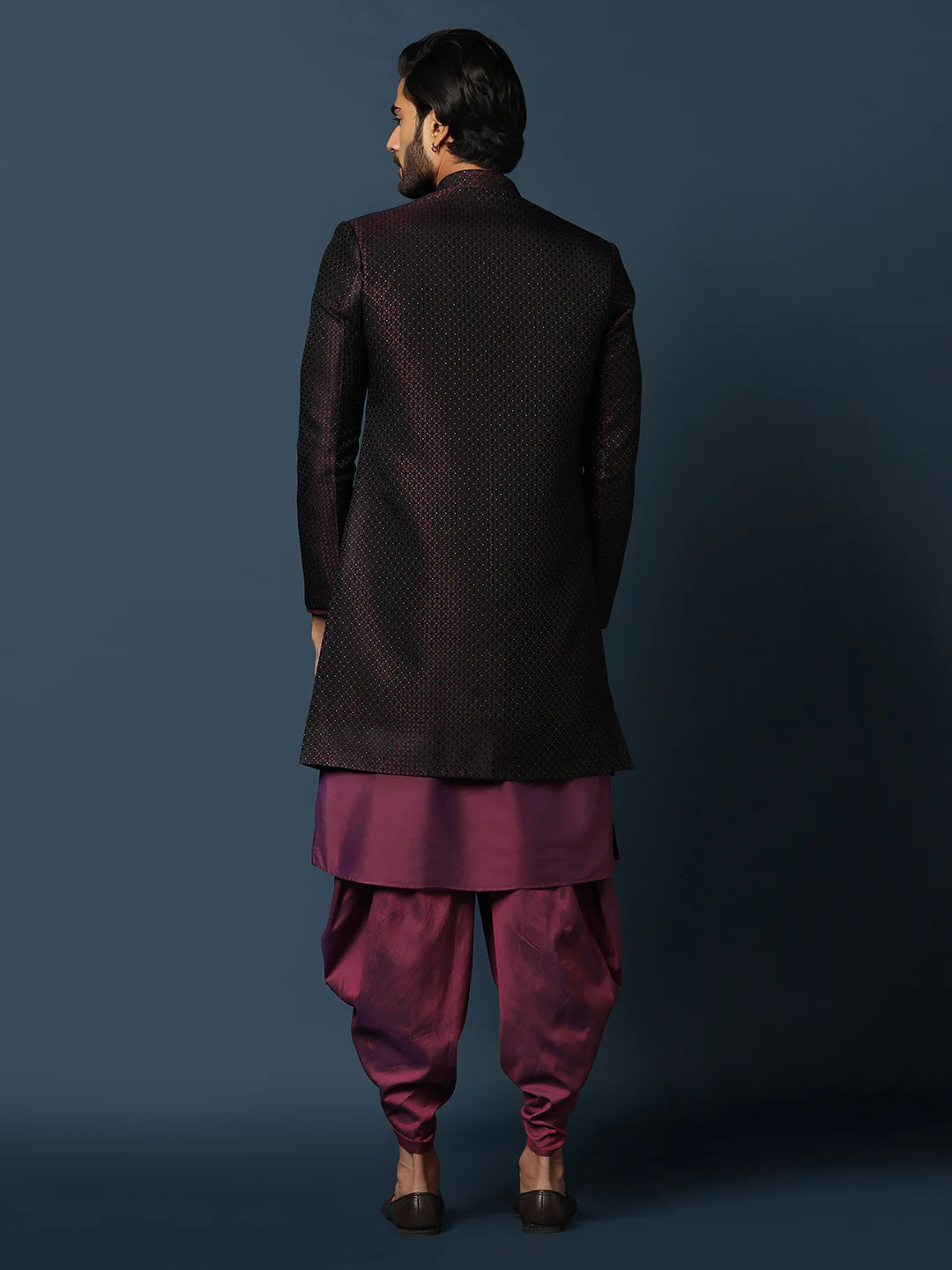 Black Jacquard Indo-Western Sherwani Set with Maroon Silk Blend Kurta and Dhoti Pants – Wedding & Reception Ensemble - Image 3