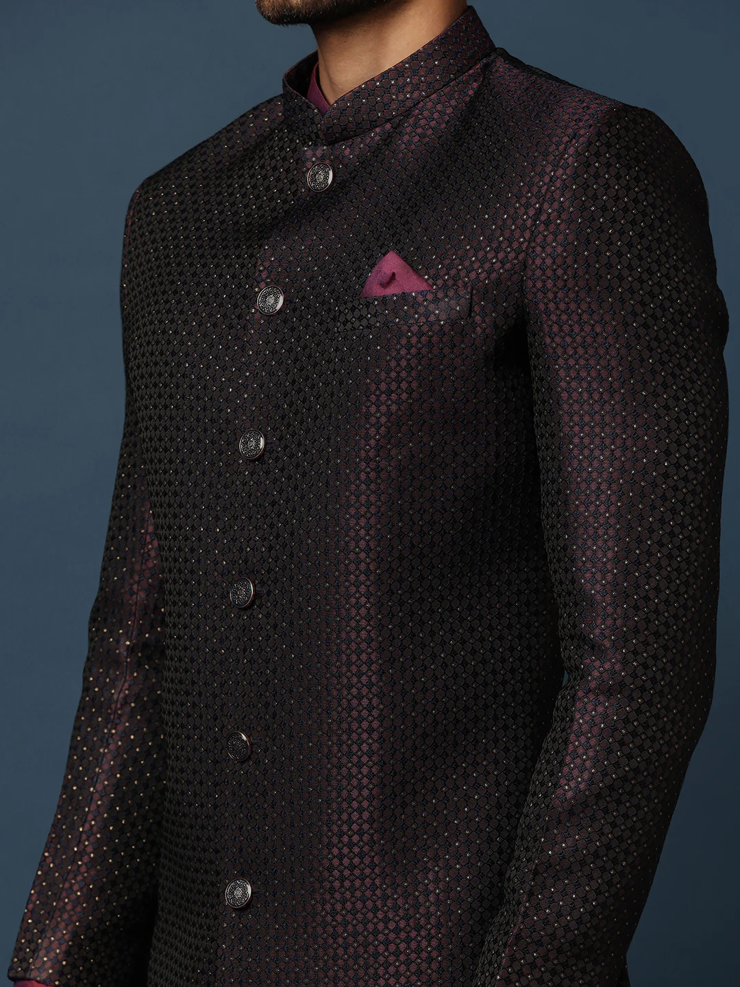 Black Jacquard Indo-Western Sherwani Set with Maroon Silk Blend Kurta and Dhoti Pants – Wedding & Reception Ensemble - Image 4