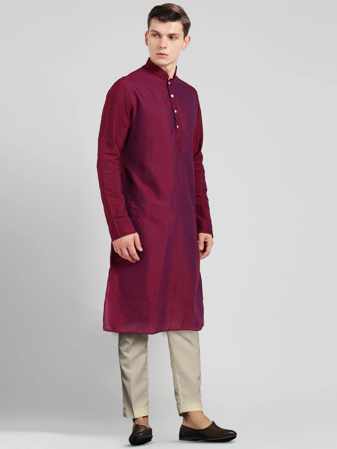 Magenta Cotton Silk Solid Kurta Trouser Set - Image 2